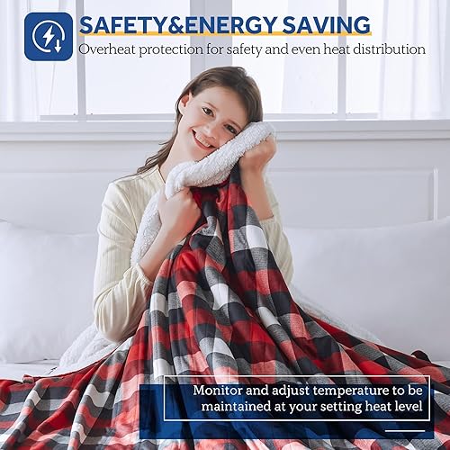Miniatura 3 de SEALY Manta eléctrica tamaño individual, manta eléctrica de felpa corta a cuadros y sherpa con 10 niveles de calefacción y apagado automático de 1 a