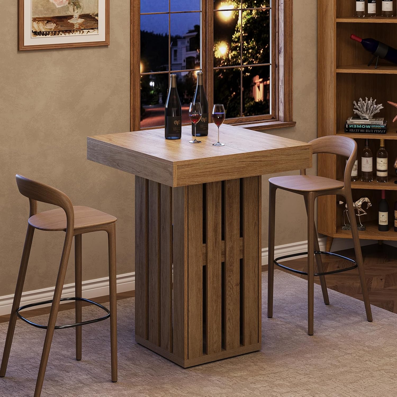 LITTLE TREE Bar Table, 39.76" High Square Pub Table with Base for Small Space, Farmhouse Bistro Furniture for Dining Coffee Cocktail Living Room, Brown