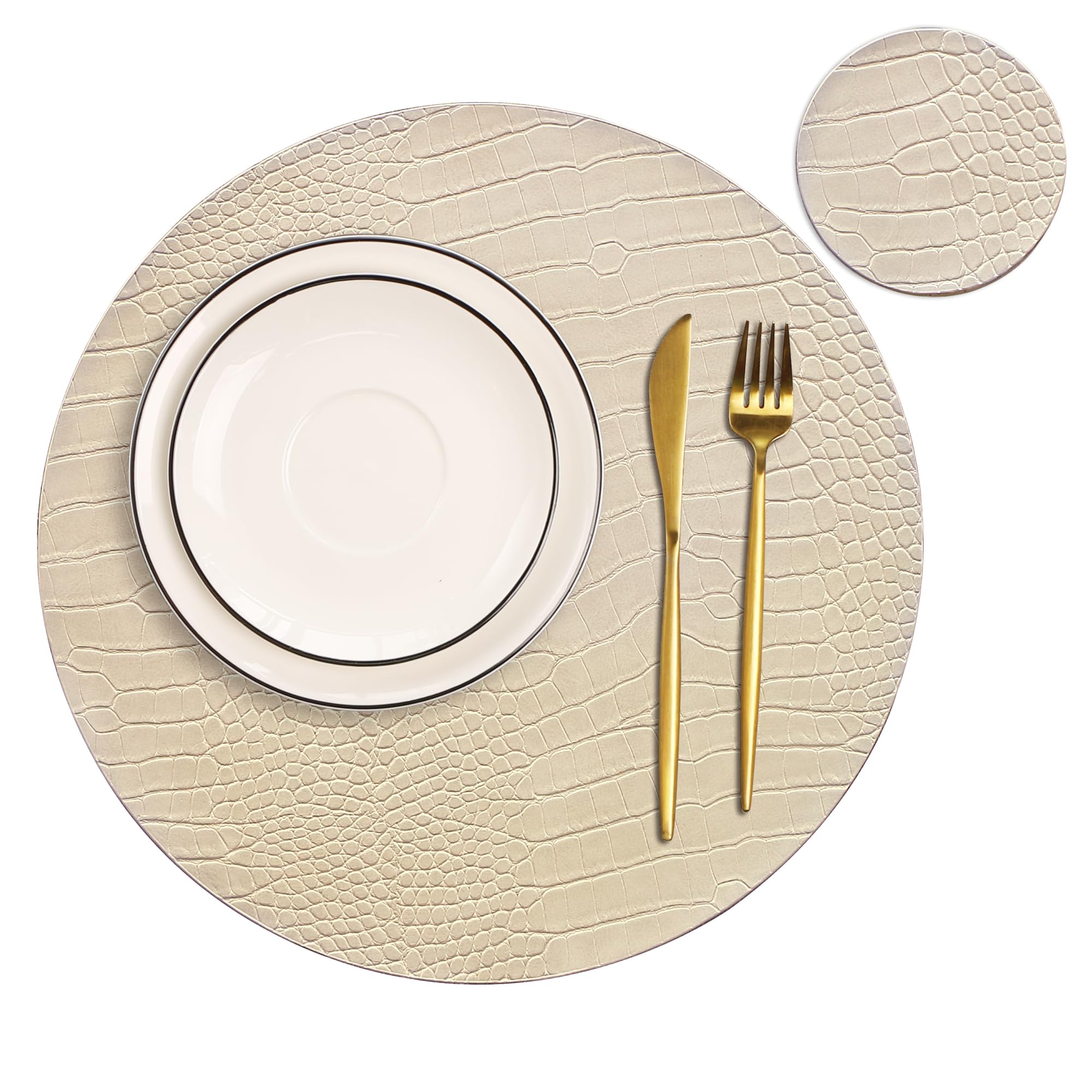 Sets de table ronds en cuir imperméable beige de 33 cm faciles à entretenir et à nettoyer