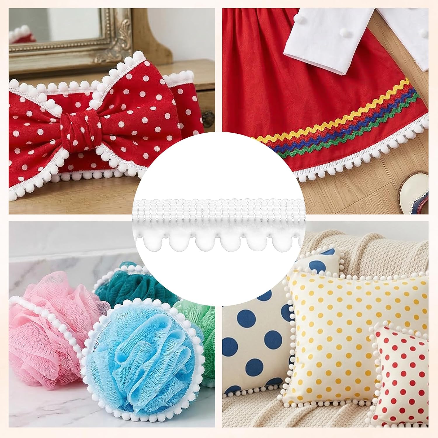 2 Pcs 10 Yards Pom Pom Ribbon - White Mini Pompom Trim for Crafts Ribbon | 1/2 inch Mini Tassels Pom Pom Ball Fringe Trim for Sewing DIY Curtain Clothes Pillow Home Decoration