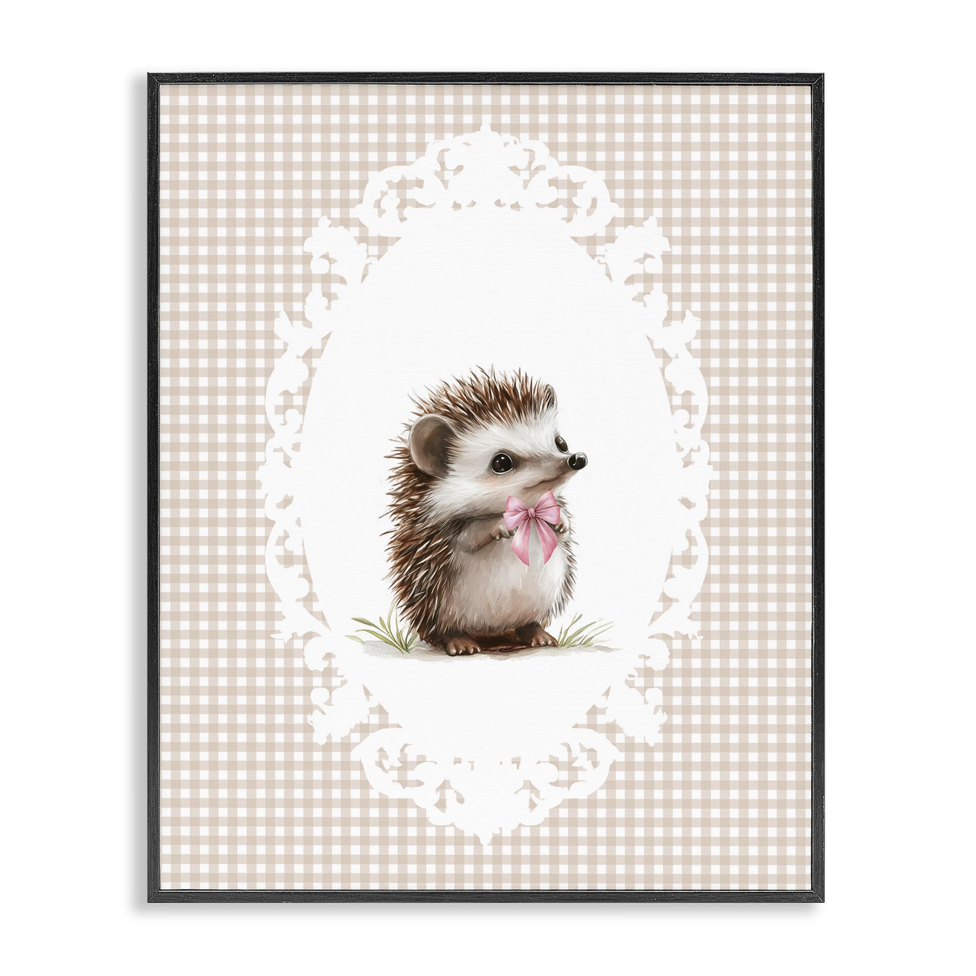 Stupell Industries 'Vintage Bow Hedgehog on Gingham', Framed Giclee Art, Black, 16 x 20 Inches, Easy to Hang and Sturdy, Made in USA, by Christine Simpson Art