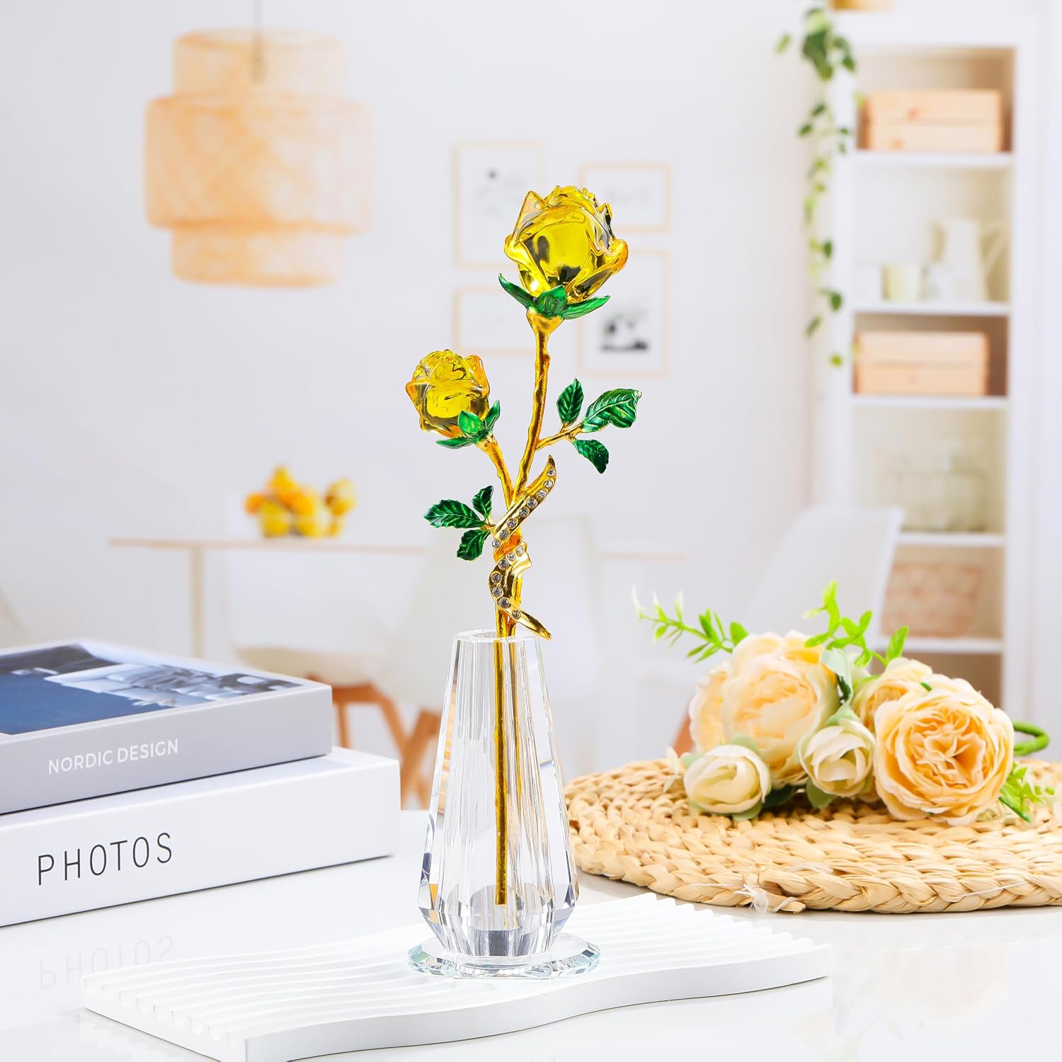 Rose Flower Crystal Figurine with Vase - Yellow Bouquet Flowers Ornament Gifts for Wife Girlfriend Women - Handmade Crystal Flower Collectible Home Table Decor ​for Valentine Day Wedding Anniversary