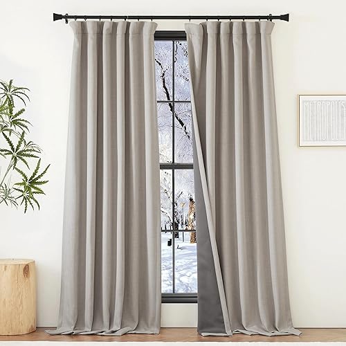 NICETOWN Faux Linen 100% Blackout Curtains 96 inches Long, Pinch Pleated Curtains Room Darkening Window Treatment Thermal Drapes with Liner for Living Room/Bedroom, Angora, W50 x L96, 2 Panels