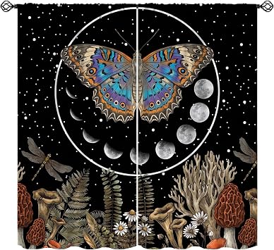 Butterfly Mushroom Window Curtains for Kids, Moon Phase Vintage Woodland Boho Flower Starry Sky Room Darkening Windows Treatments Drapes for Bedroom 42x45in