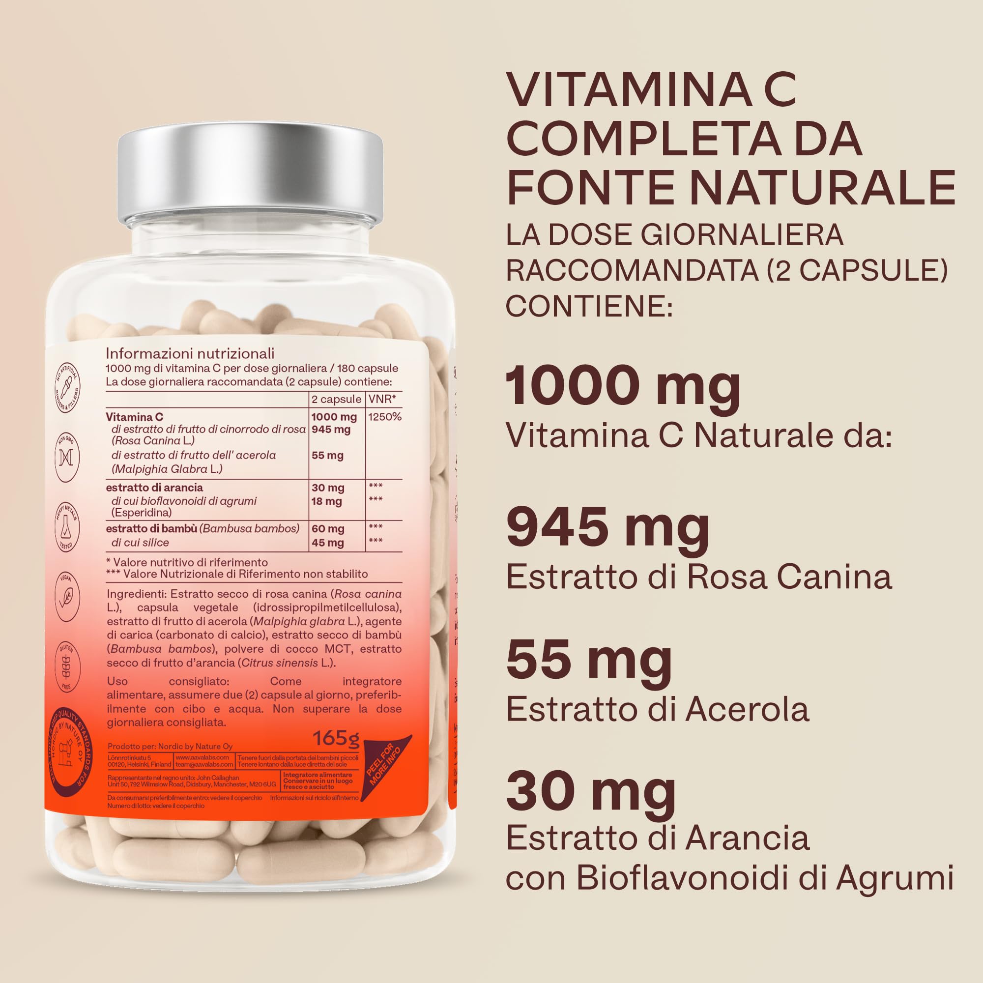 Vitamina C 1000mg Vegan - Integratore Vitamina C Naturale Alto Assorbimento con Bioflavonoidi, Rosa Canina, Acerola - 1000 Vitamina C Pura per dose - Vitamin C Difese Immunitarie 180 Capsule