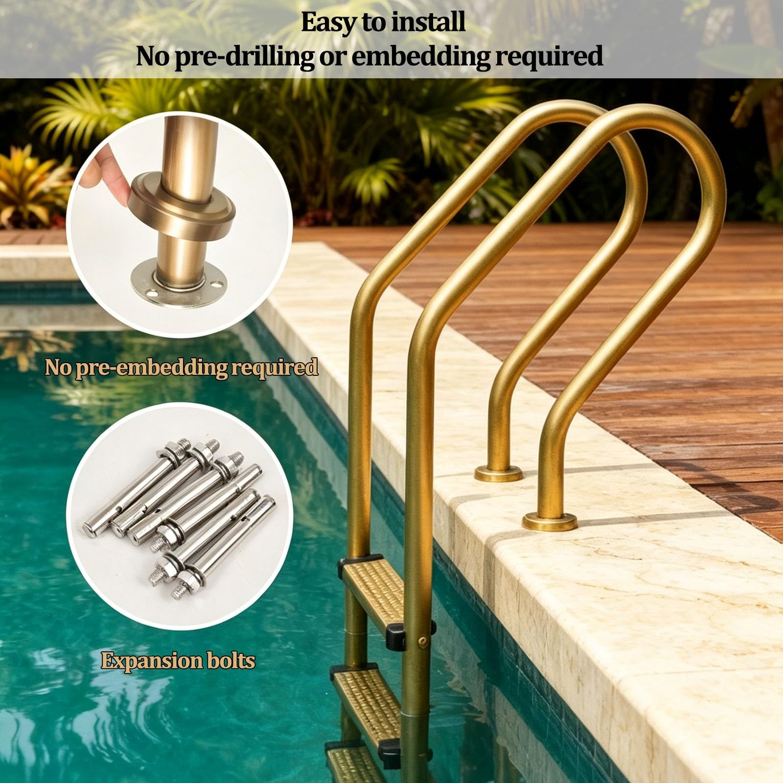 Escalera de 4 peldaños para Piscina con Superficie Antideslizante | Acero inoxidable 304, para piscinas interiores y exteriores; fácil de montar y de usar(Gold)
