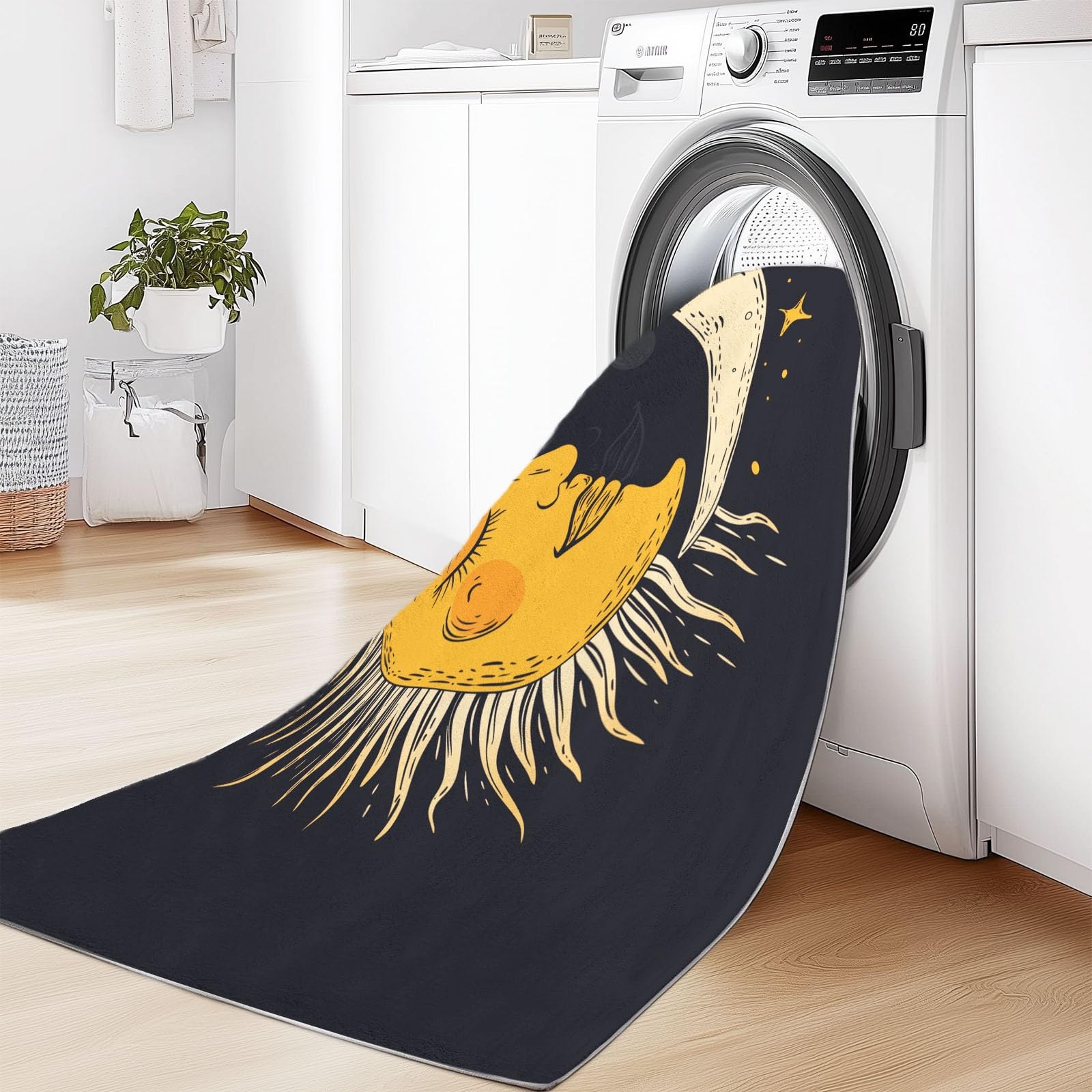 Noir Imprimé Tapis de Salon Lavable 160x230 cm Soleil Lune, Tapis Antidérapant à Poils Courts Doux pour Chambre Cuisine Entrée D'intérieur Décoration
