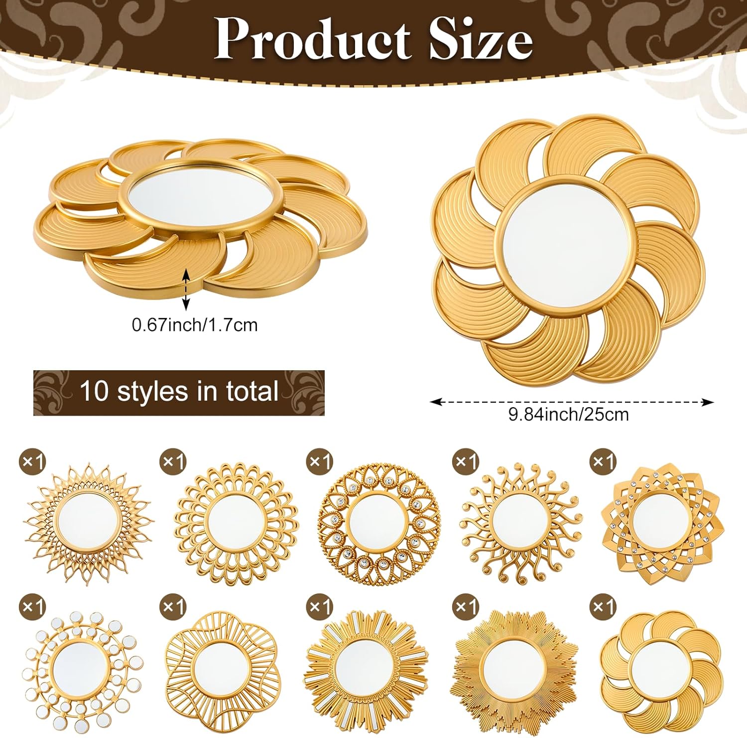 Barydat 10 Pcs Boho Gold Sun Mirrors for Wall Decor 10 Inches Plastic Decorative Wall Mirrors for Entryway Home Living Room (Modern) - Image 2