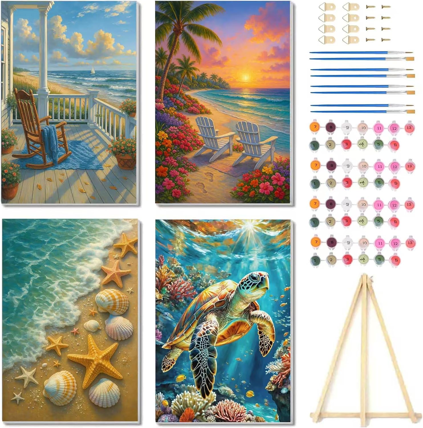 RRMRRM 4 Pack Framed Paint by Numbers kit for Adults Beginner - Beach Adult Paint by Numbers on Canvas with Frame, DIY Sea Turtle Oil Painting Kits for Home Wall Decor Gifts 8x12 Inch