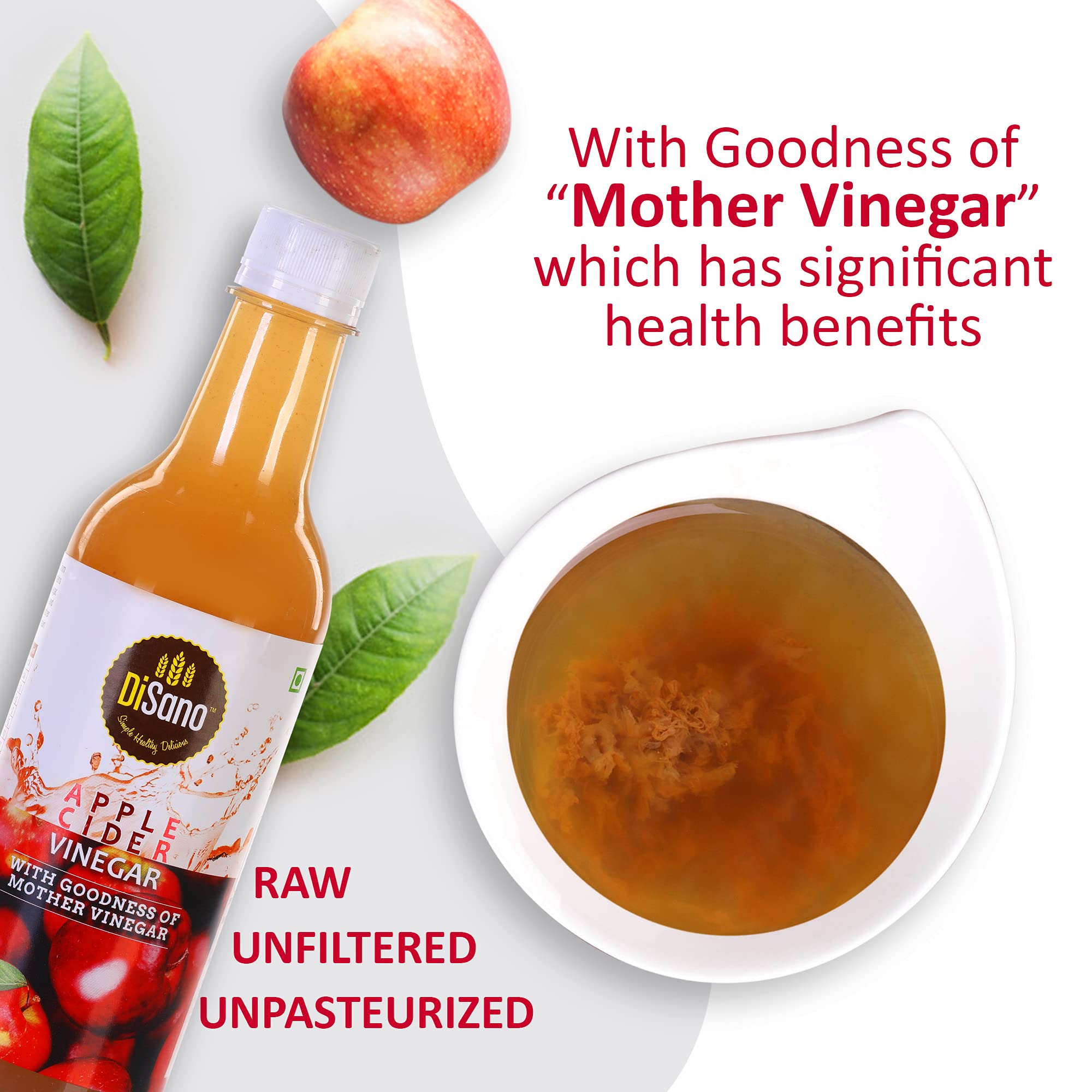 DiSano Pure Honey, 500gm & Apple Cider Vinegar (ACV) with Mother Vinegar, Raw, Unfiltered, Undiluted - 1000 ml (2 x 500ml) 1