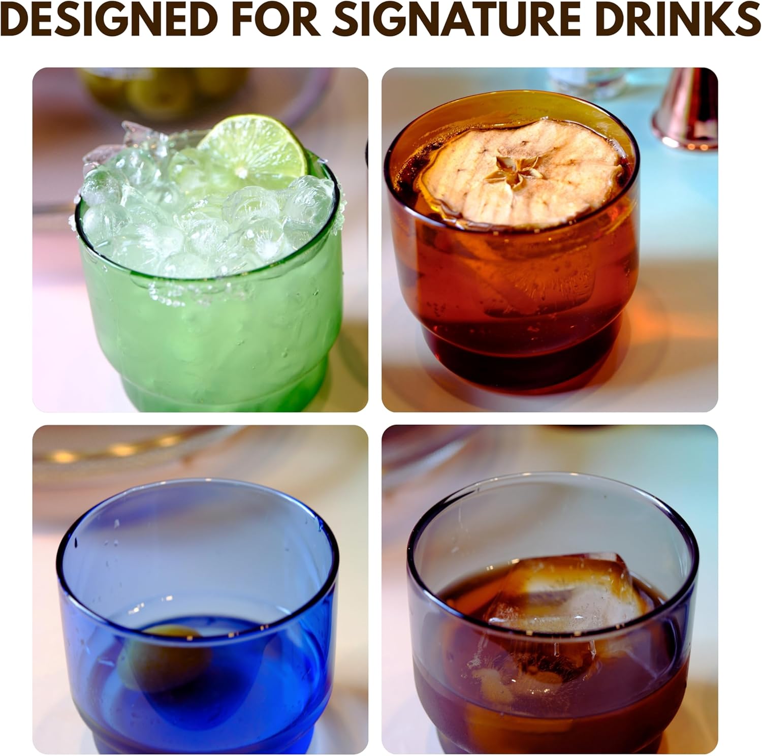 Colored Drinking Glasses Set of 4-10oz Borosilicate Glass Cups Retro Style for Cocktails, Mocktails, Whiskey, Espresso, Easy Stacking, Dishwasher Safe - Image 7