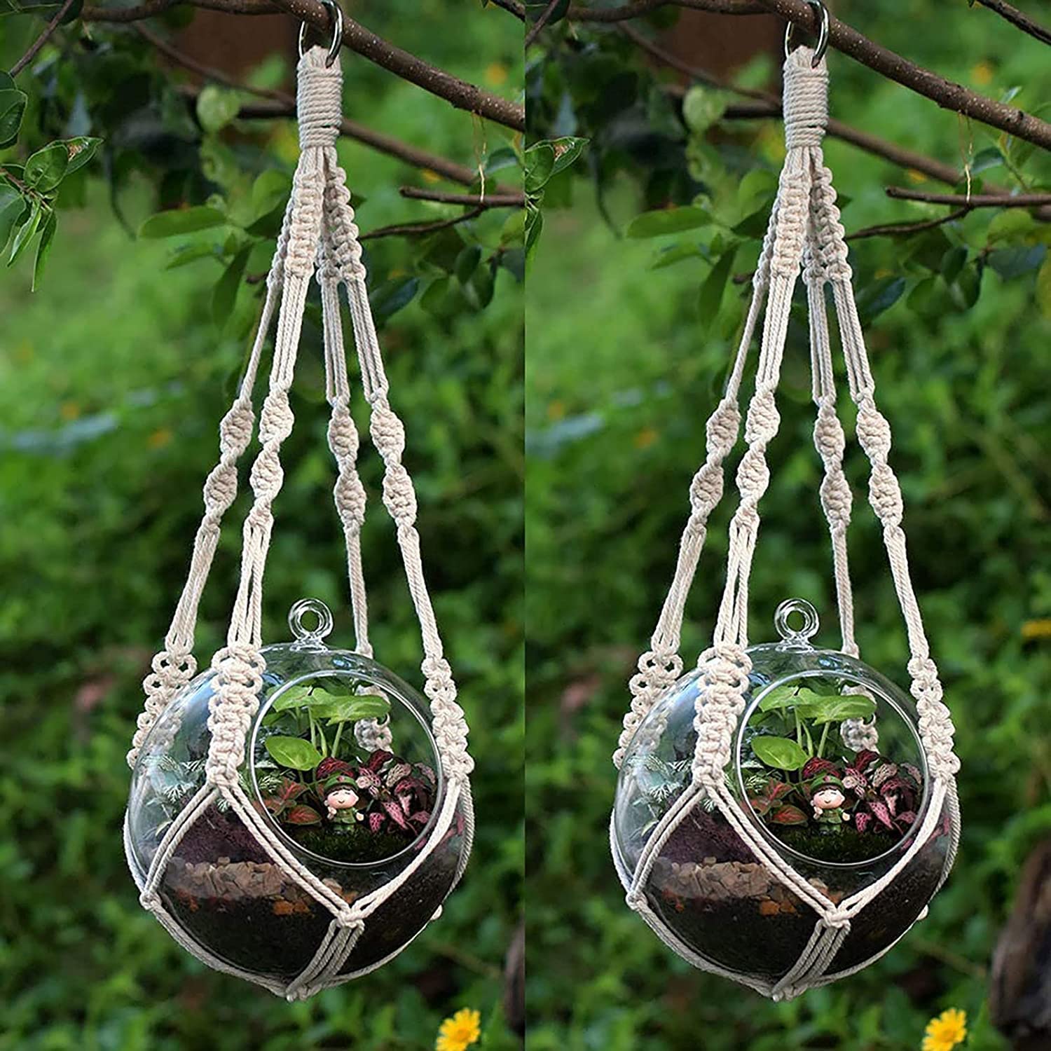 Urooz 2 Pack Macrame Plant Hanger Indoor Outdoor Hanging Planter Natural Manual Knitted Cotton Macrame Cord Plant Hanger with Ring for Home Decor Ceiling Wall Planters Hanging, 20 Inch