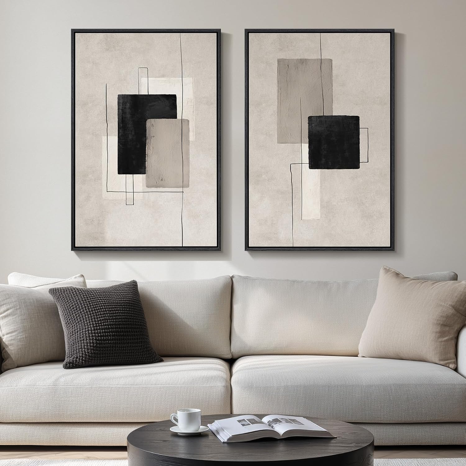Large Framed Neutral Abstract Wall Art Set of 2, Black Beige Modern Canvas Prints Paintings Artwork for Walls, Minimalist Block Lines Pictures for Living Room Dining Room Bedroom Wall Decor 20x30 In 20" W x 30" H x 2Pcs Minimalism