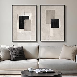 Large Framed Neutral Abstract Wall Art Set of 2, Black Beige Modern Canv...