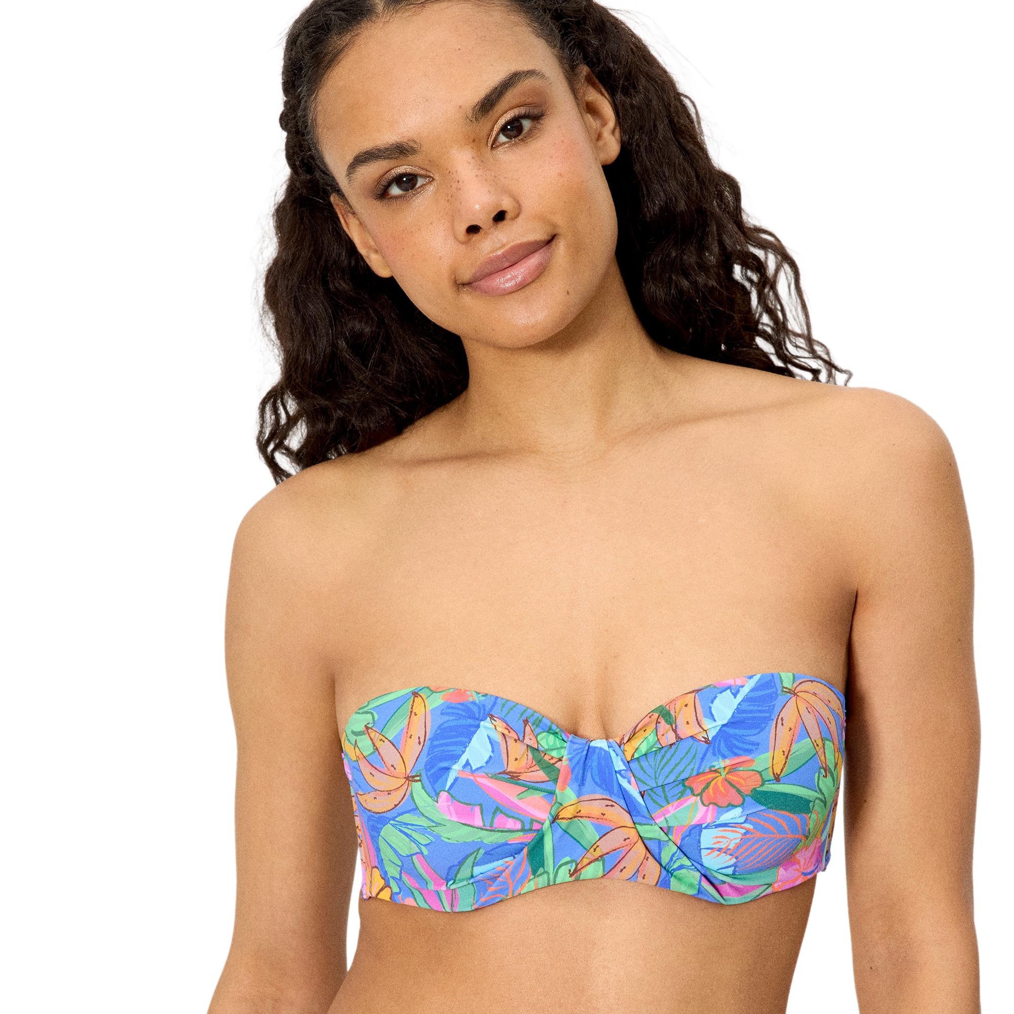 YSABEL MORA. Top Bikini Bandeau Estampado Tropical Copa C. con Aro Y Relleno. Tirantes Desmontables Anudados Al Cuello. Diseño Estampado Tropical con Detalle Drapeado .Colección Palms.