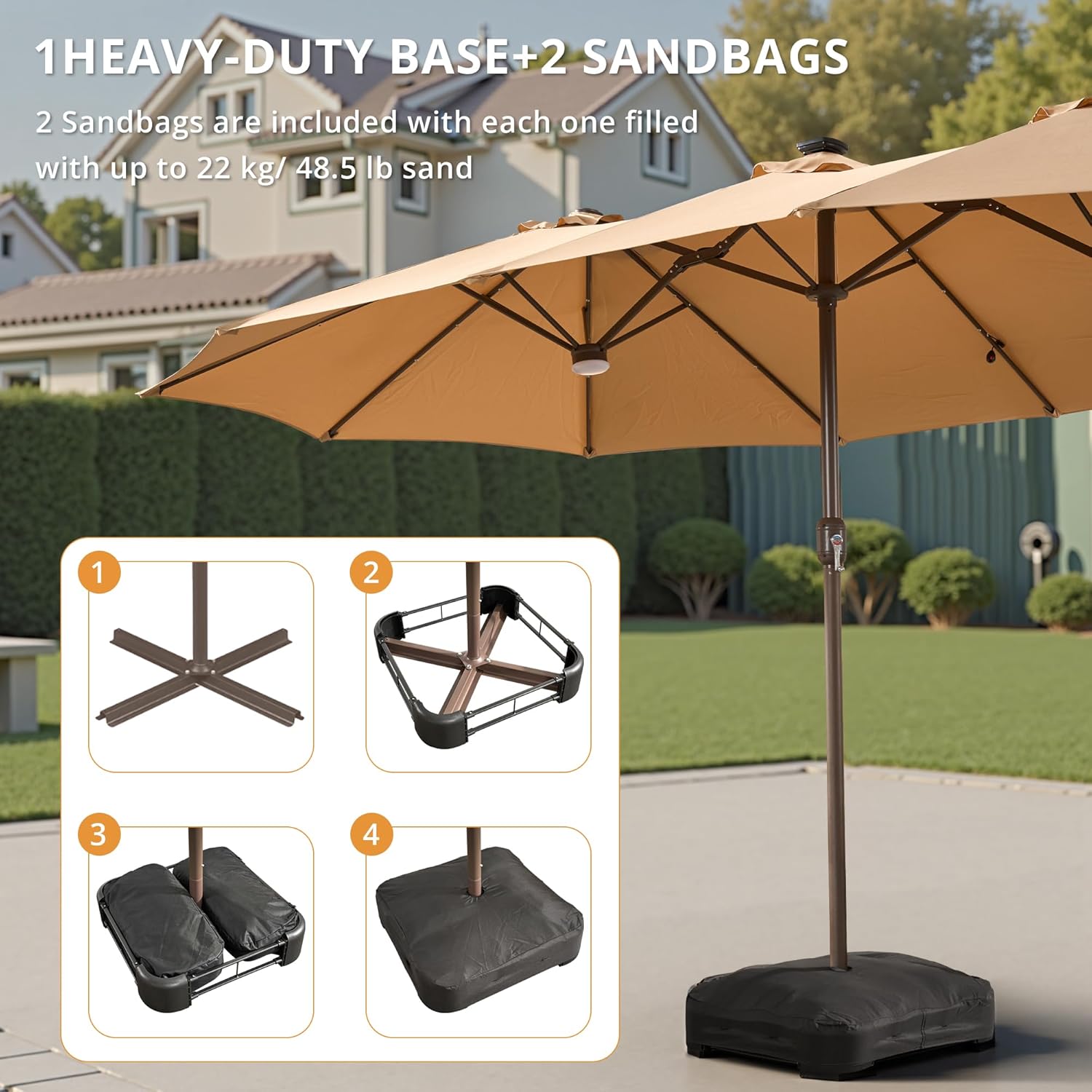 15ft Large Patio Umbrellas with Base & Solar Lights,Outdoor Rectangle Double-Sided Market Umbrella with Stand & 38 LED Lights,Outside Umbrellas for Poolside Deck Backyard (Beige/Tan)