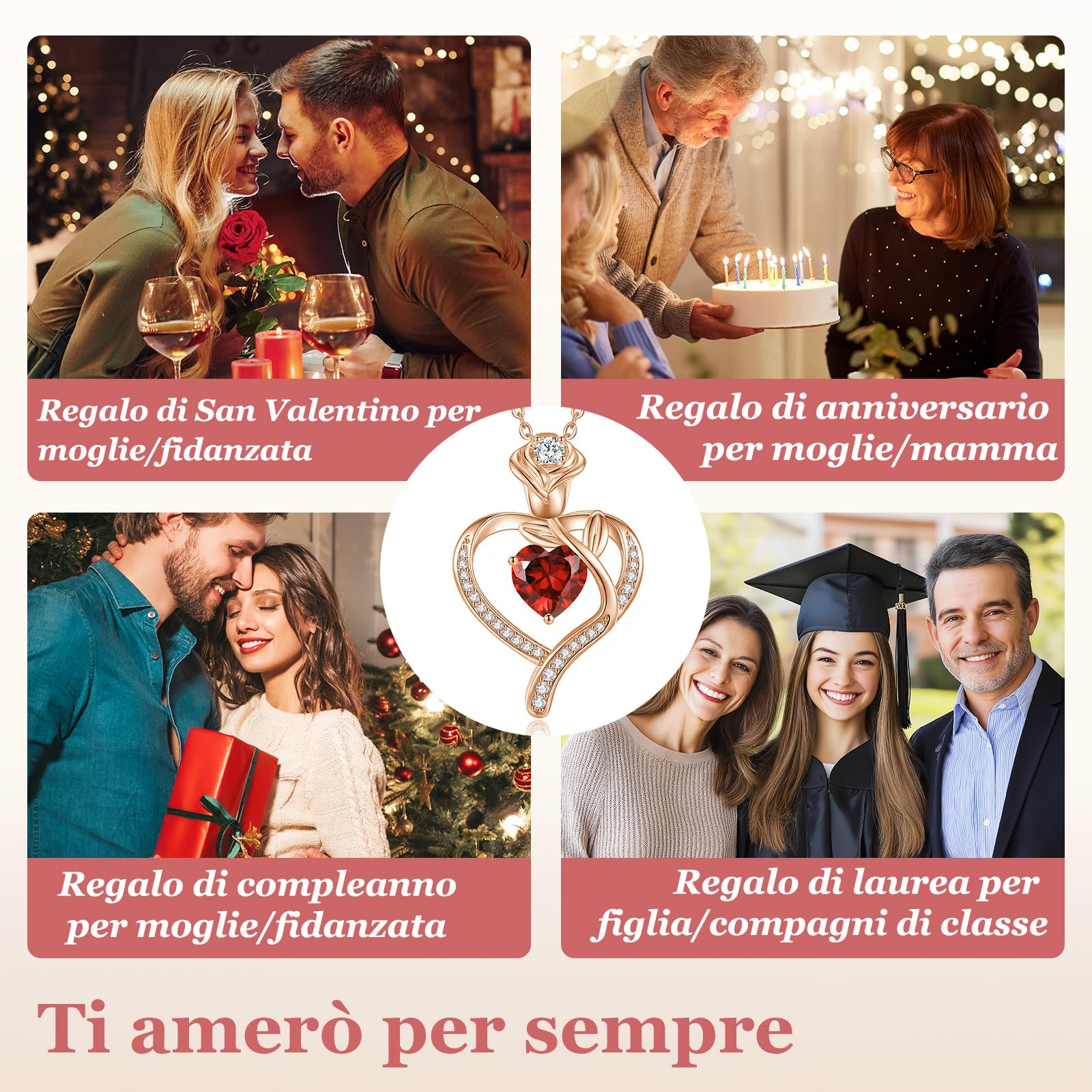 CDE Collana Oro Rosa Cuore Pendente Pietra di Nascita Gioielli per Lei | Argento S925 Gioielli Idee Regalo Donna Compleanno Natale Anniversario San Valentino per Fidanzata Amica Moglie Mamma