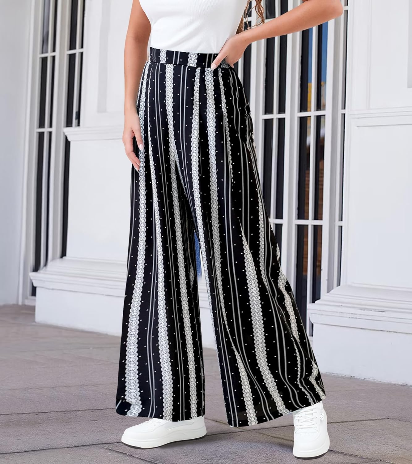 Palazzo Pants for Women, Wide Leg High Waist Flowy Dressy Casual Boho Trousers with Pockets, Black, XX-Large - Image 3