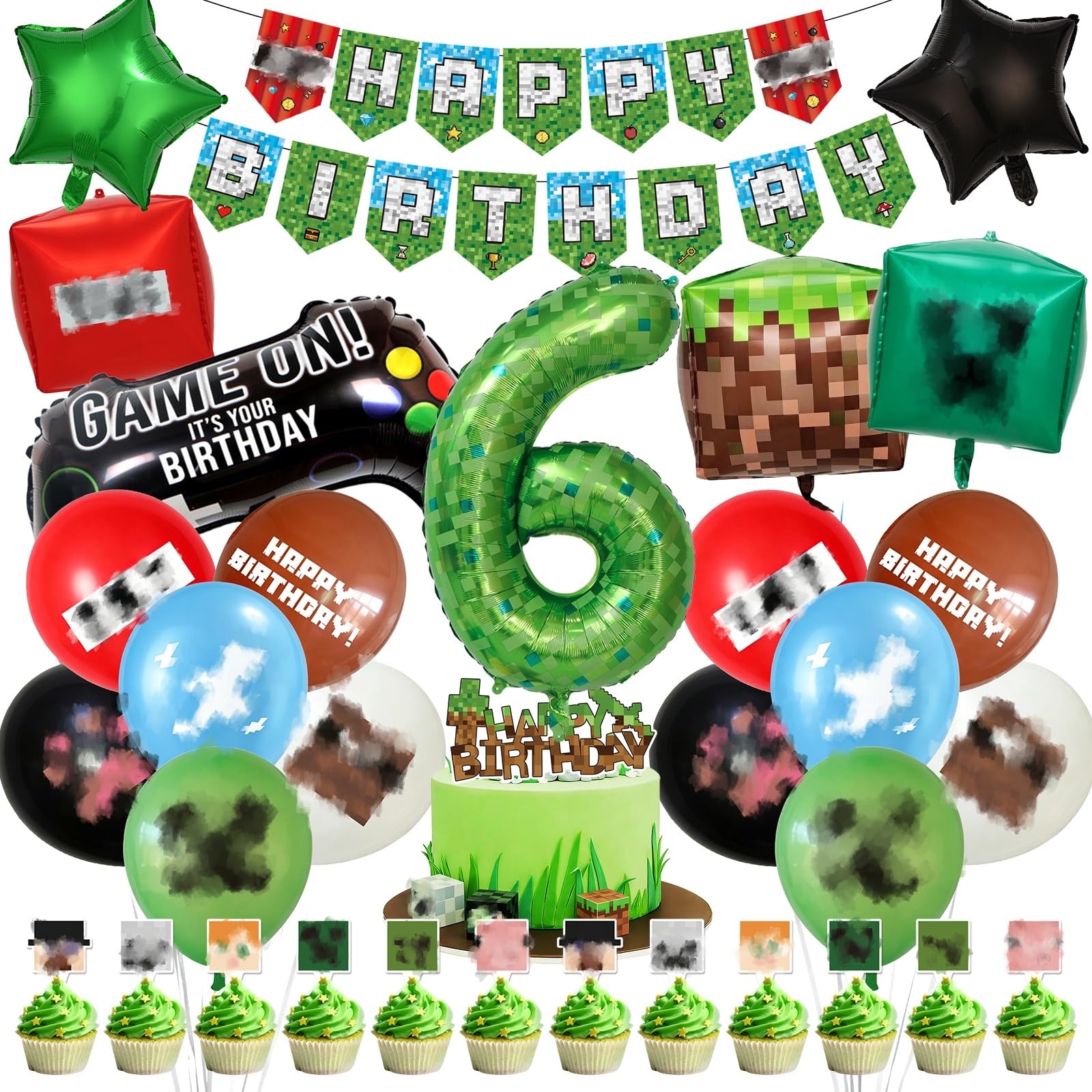 34PCS Game 6th Birthday Decorations Set - Cartoon 6 Years Party Decorations Including Happy Birthday Banner Latex Balloons Cake & Cupcake Toppers for Kids Boys Family Theme Party Supplies