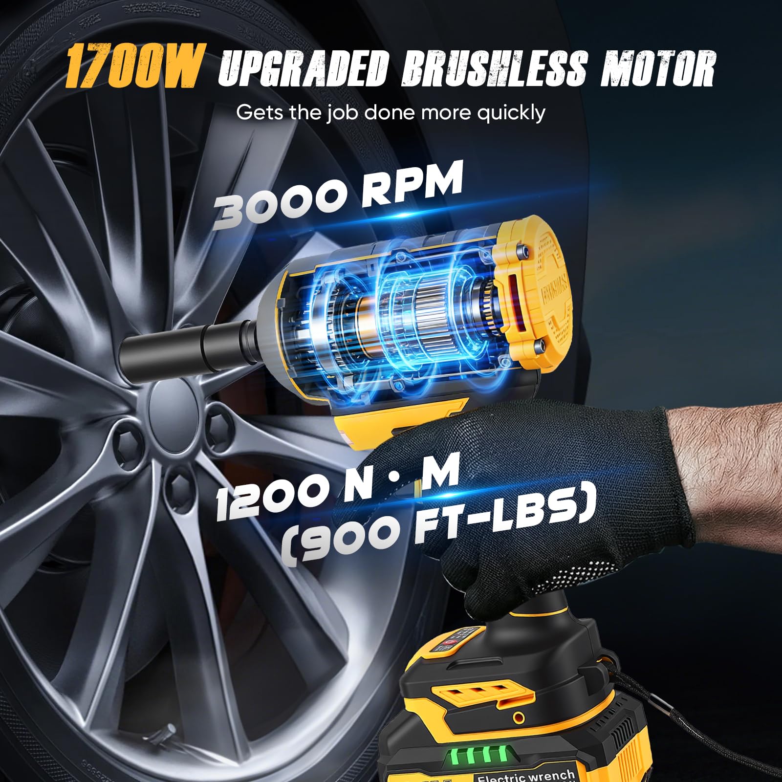 1200N.m Llave De Impacto con 8000mAh Baterías, 1/2 Pistola De Impacto Electrica para Coches Camiones,con 5Enchufes, Barra de extensión de 5",Atornillador de Impacto Giratorio Para Coche Tiers