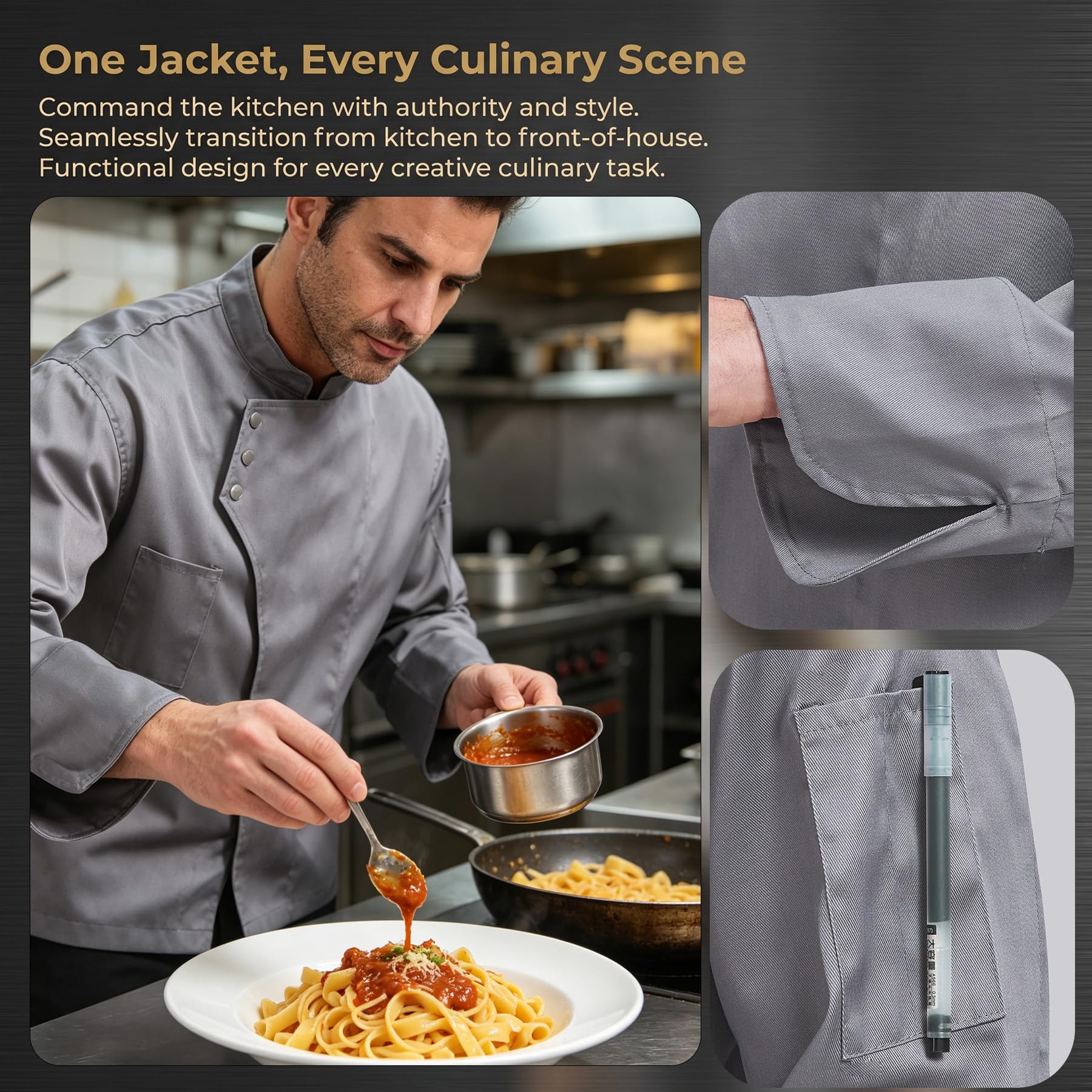 Nanxson Giacca da Chef Manica Lunga Giacche da Cuoco Uomo Donne Nero CFM0057