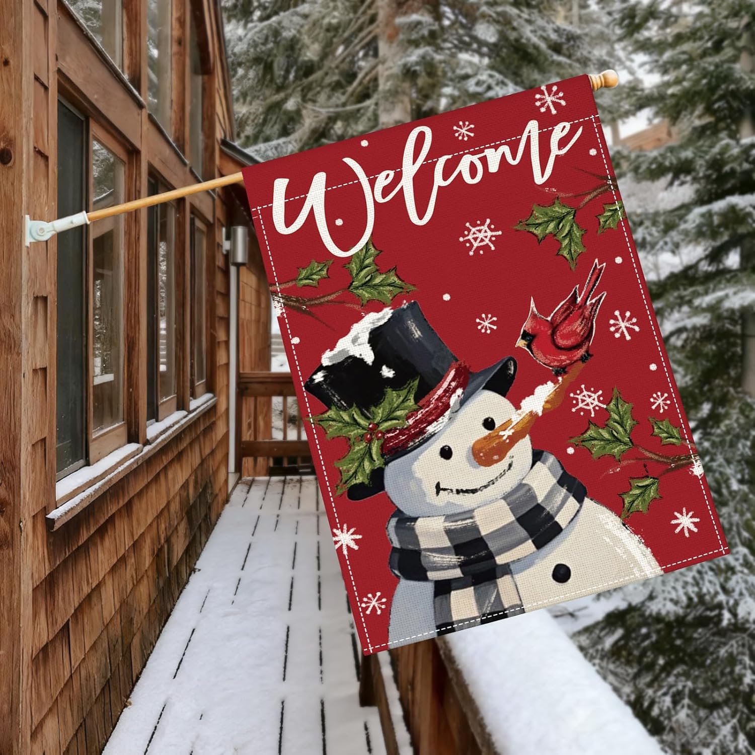 OTOSTAR Snowman Snowflake Welcome Christmas House Flag 28x40 Inch Double Sided Outdoor Xmas Flag Winter Seasonal Yard Holiday Farmhouse Outside Decorative,Red - Image 3