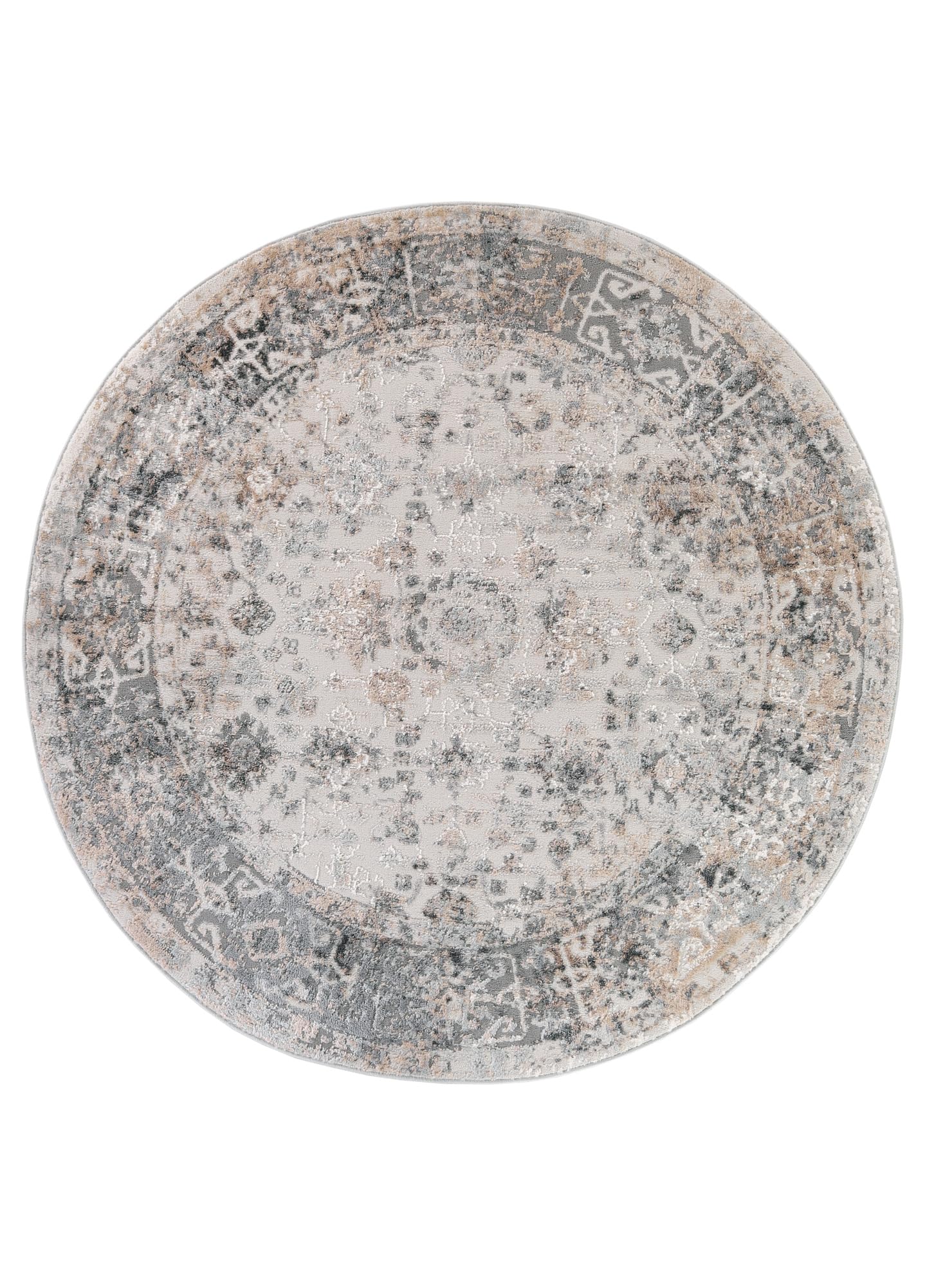 TAPISO Valley Rund Teppich Kurzflor Vintage Hellgrau Blumen 120 x 120 cm