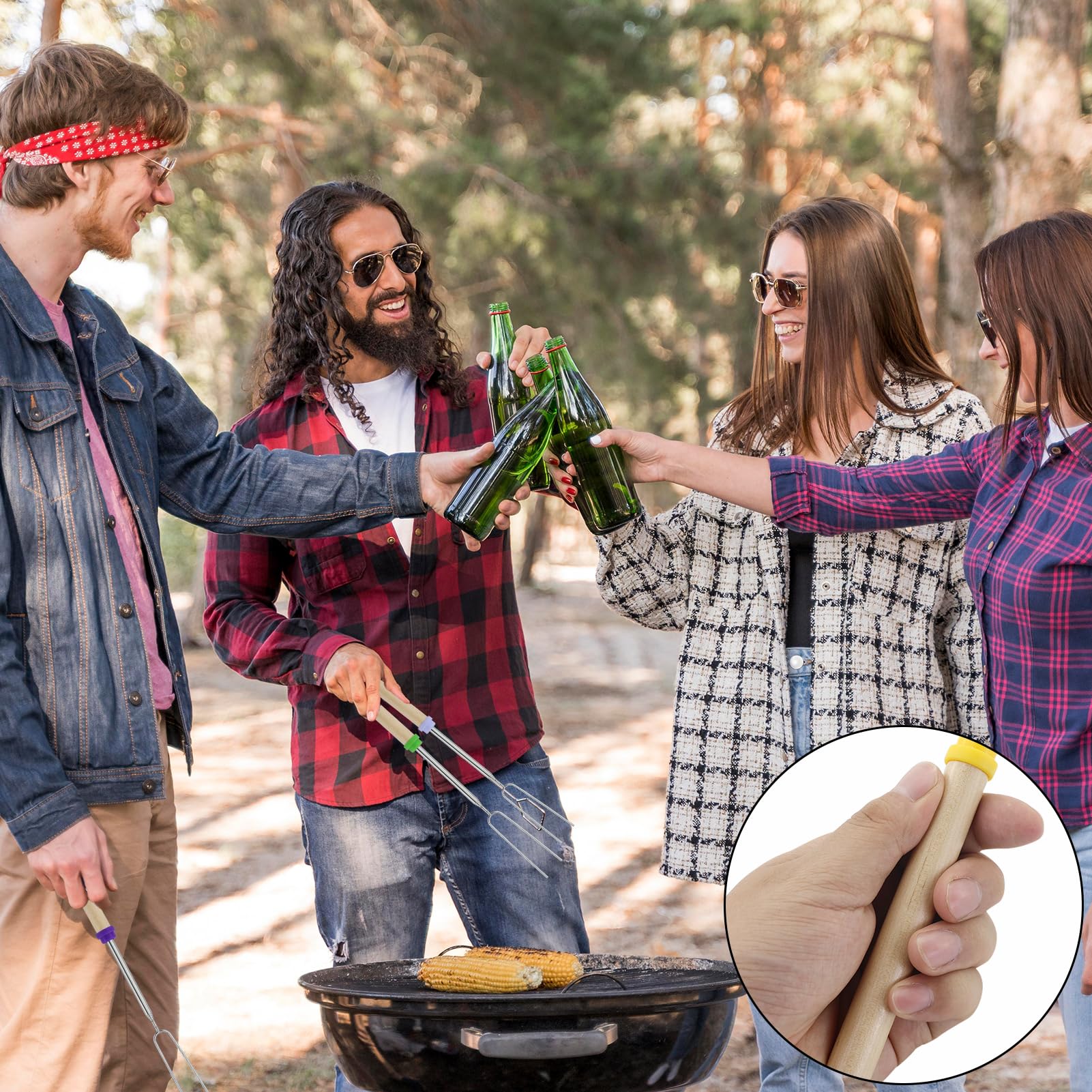 6 forchette da barbecue, bastoncini telescopici per arrostire marshmallow, allungabili, in acciaio inox, a forma di U, con manico in legno, spiedini per barbecue, campeggio, falò, camino, picnic