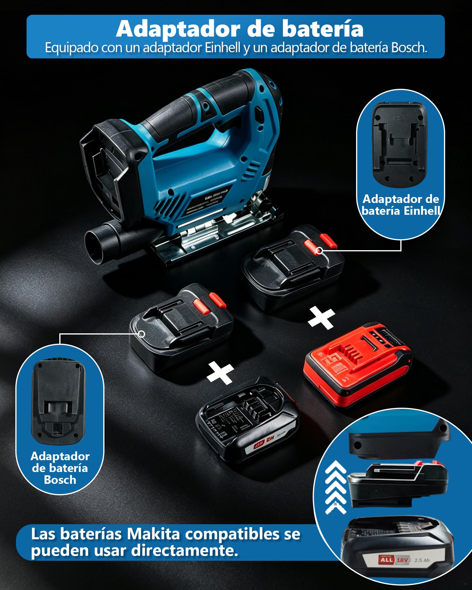 Sierra de calar inalámbrica compatible con Makita, para Einhell, para baterías Bosch, 7 niveles de control de velocidad variable, sierra de calar inalámbrica con hoja de sierra para madera, PVC