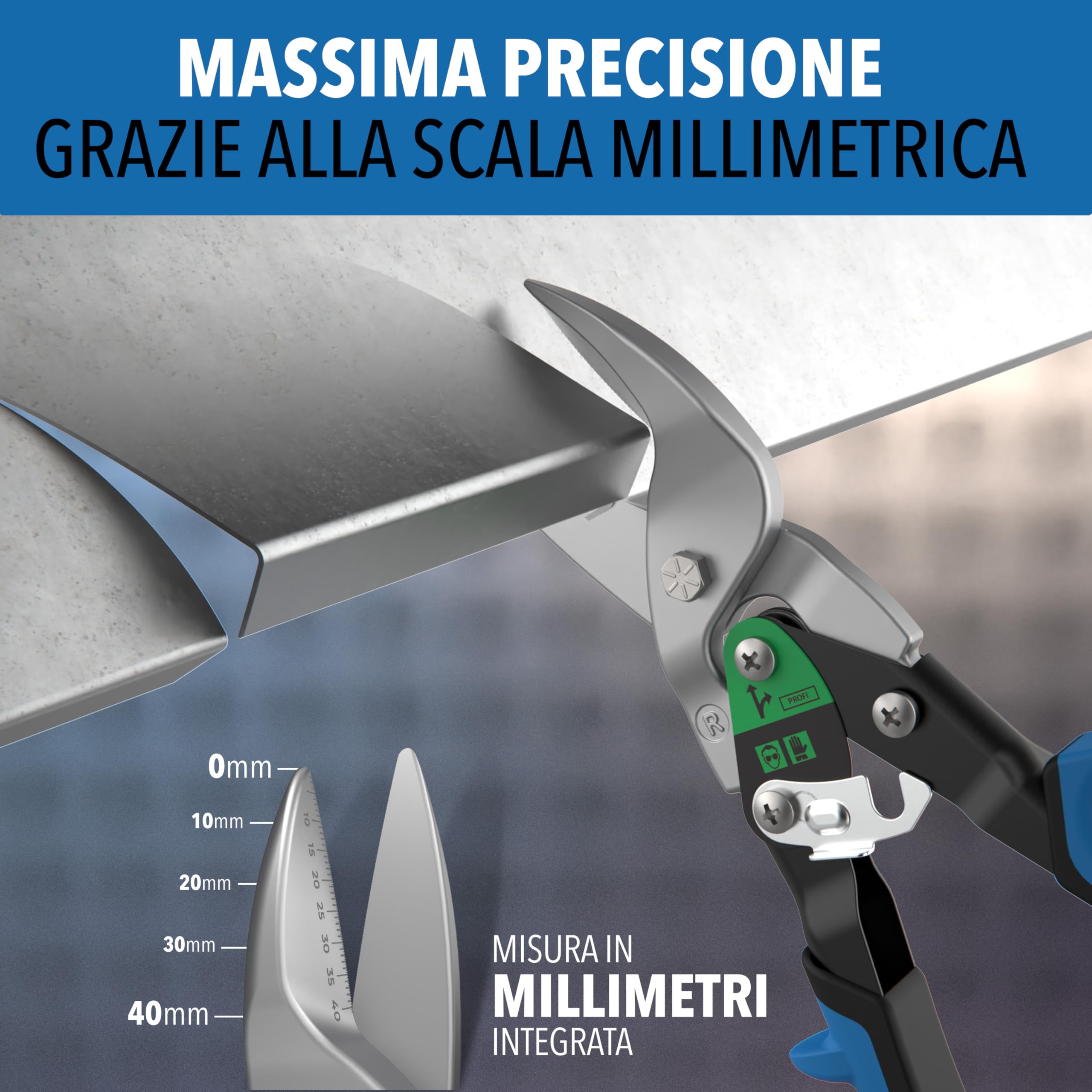 Set di cesoie per lamiera con taglio dritto e destro - [scala interna in millimetri] - Cesoie metalliche per cartongesso, lamiera ondulata, metallo, cesoie per filo per reti metalliche, cesoie per