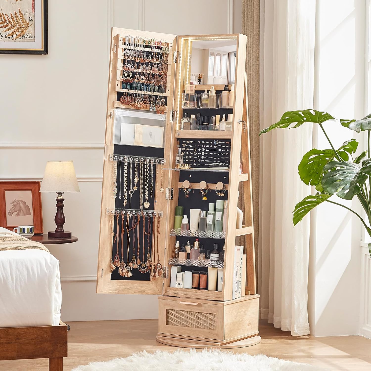 Rattan 360° Swivel Jewelry Armoire Cabinet Standing with Full Length Mirror, Lockable Jewelry Organizers and Drawer Storage with 3 Color LED Lights & Interior Mirror Rear Storage Shelves Natural Wood Rattan