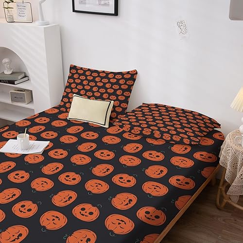 Miniatura 22 de Sábanas de Halloween tamaño individual – Juego de sábanas espeluznantes de calabaza murciélago para niños y niñas, juego de sábanas temáticas