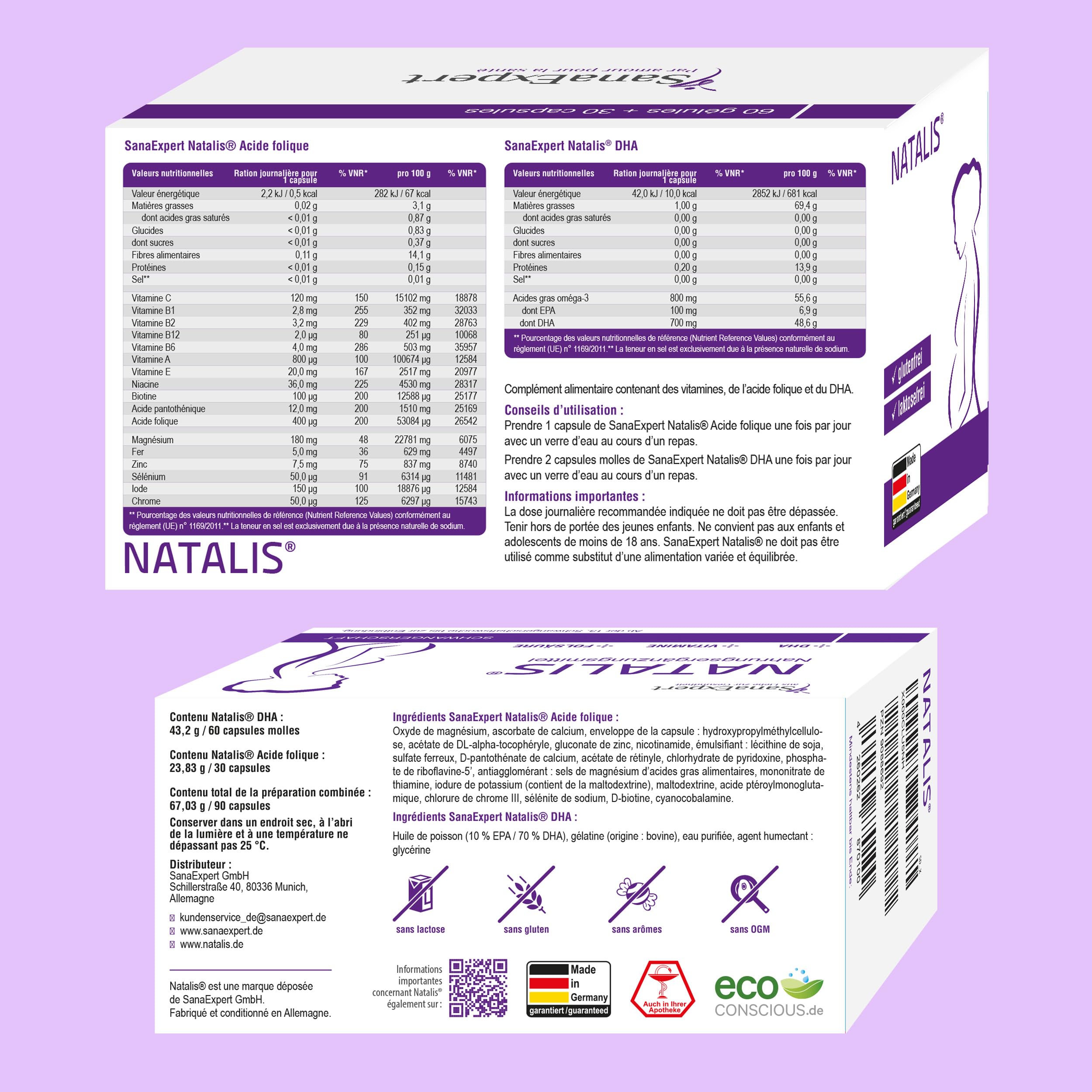 SanaExpert Natalis – Complément Alimentaire Prénatal pour Femmes – Avec acide folique, fer, DHA, vitamines et minéraux essentiels – 90 capsules – Fabriqué en Allemagne