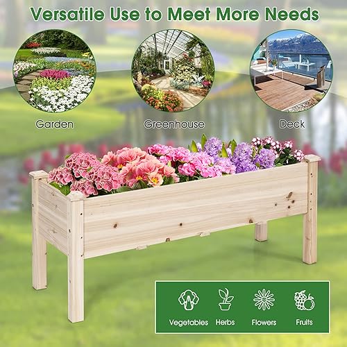 Miniatura 7 de HAPPYGRILL Jardinera elevada de madera con 5 agujeros de drenaje, contenedor de planta de cultivo de pie para patio, cubierta de invernadero