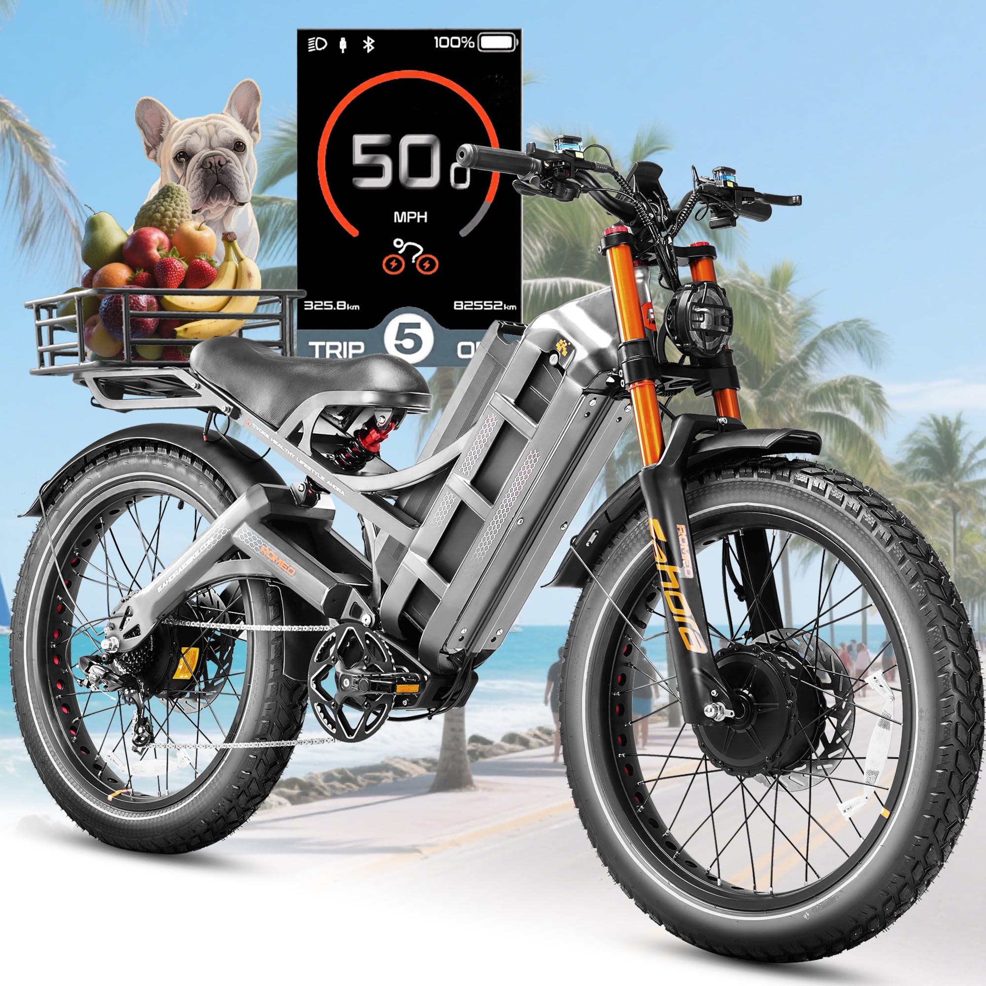 eAhora Romeo Pro 3/2 [2026] 46-50 Mph Electric Bike for Adults, Peak 5600W Dual Motor Ebike, 60V/52V 80Ah/70Ah 250 Miles Long Range E Bike, 26”*4.0 Fat Tire Air Full Suspension Off-Road E-Bike