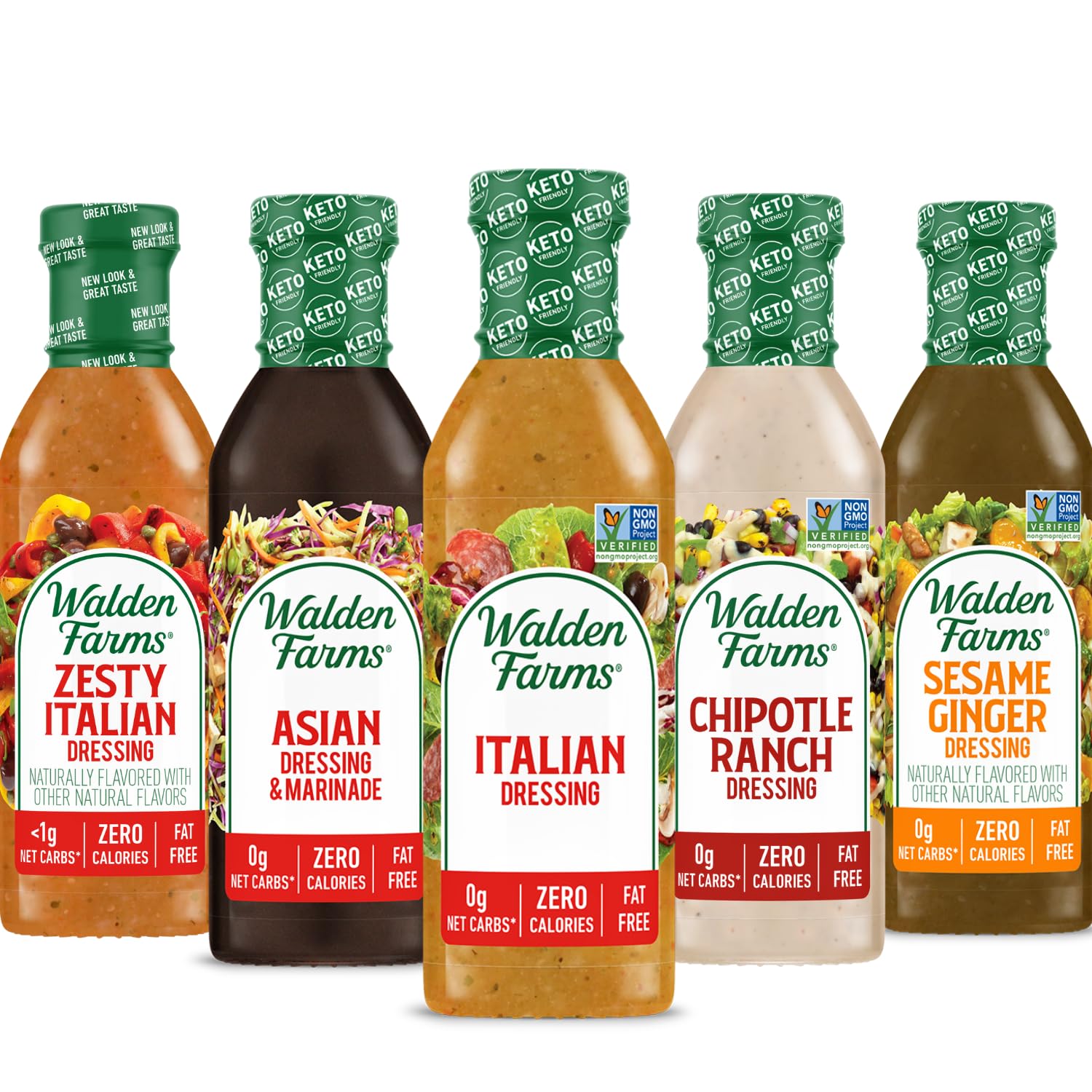Walden Farms Variety Pack Dressings, 12 oz Bottle, Fresh and Delicious Salad Topping, Sugar Free 0g Net Carbs Condiment, Zesty Italian, Italian Dressing, Asian, Chipotle Ranch, and Sesame Ginger