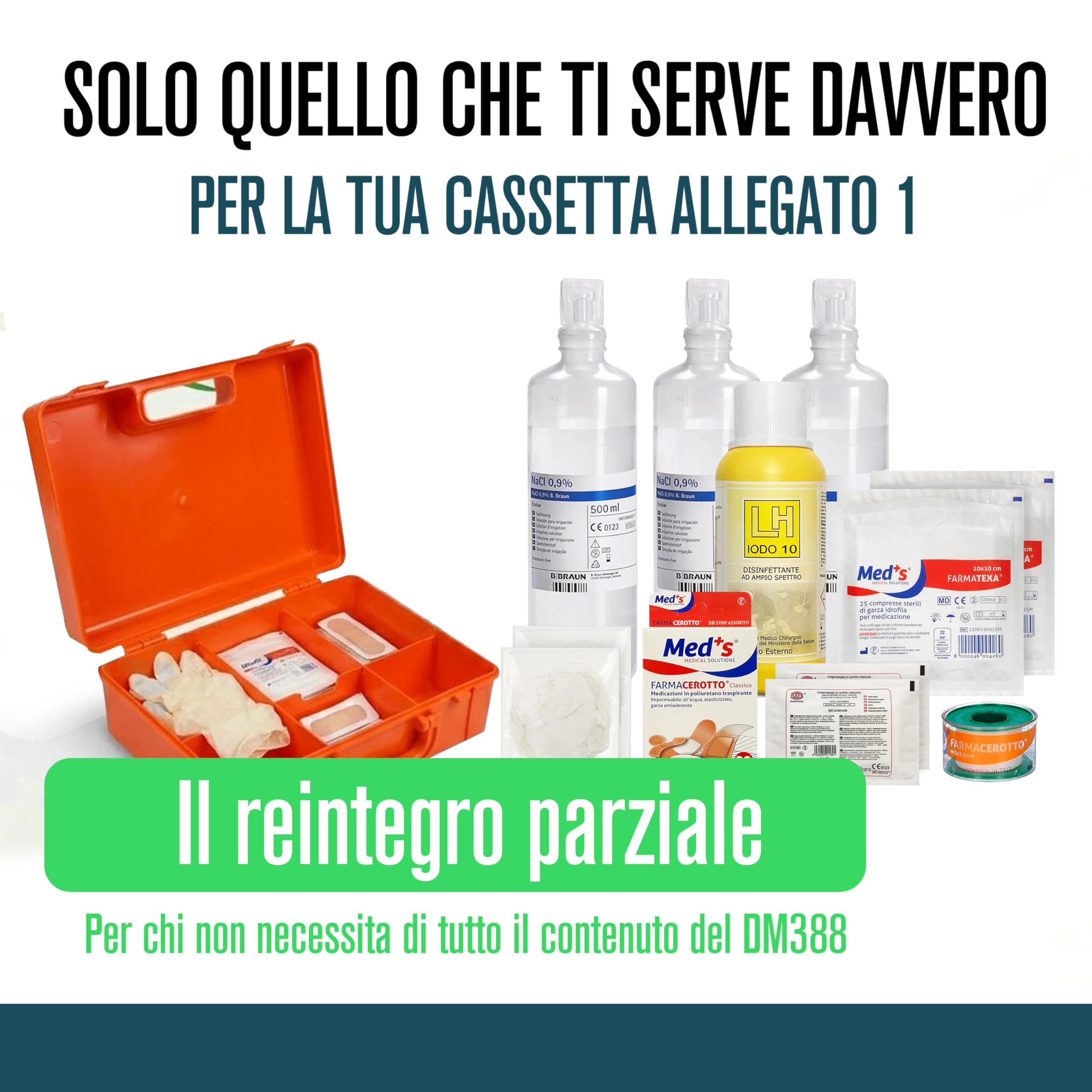 KIT BASE per reintegro ALLEGATO 1 parziale, pacco di medicazione per cassette di Pronto soccorso, Armadietto aziende più 3 dipendenti