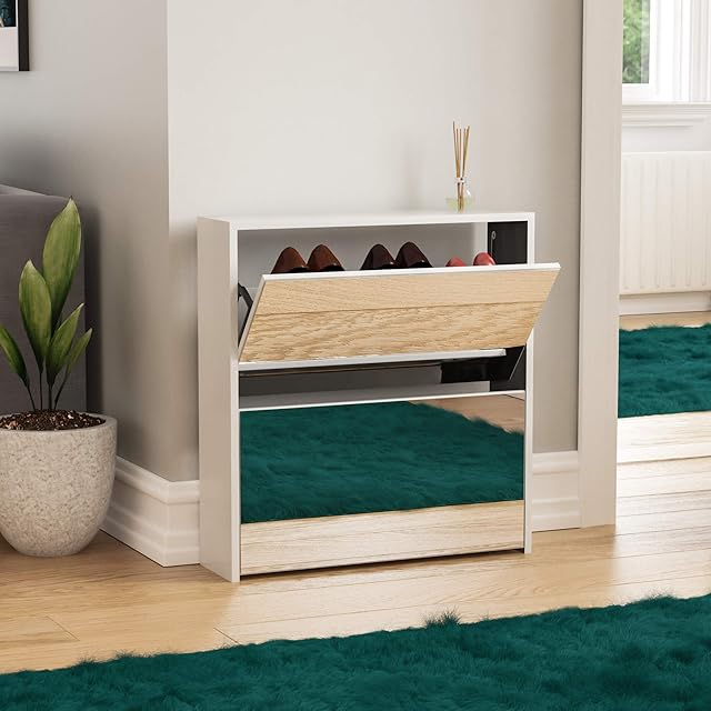 Vida Designs Welham 2 Drawer Mirrored Shoe Cabinet, Hallway Cupboard Storage Organiser, Footwear Stand Rack, Wood Sideboard Unit, White