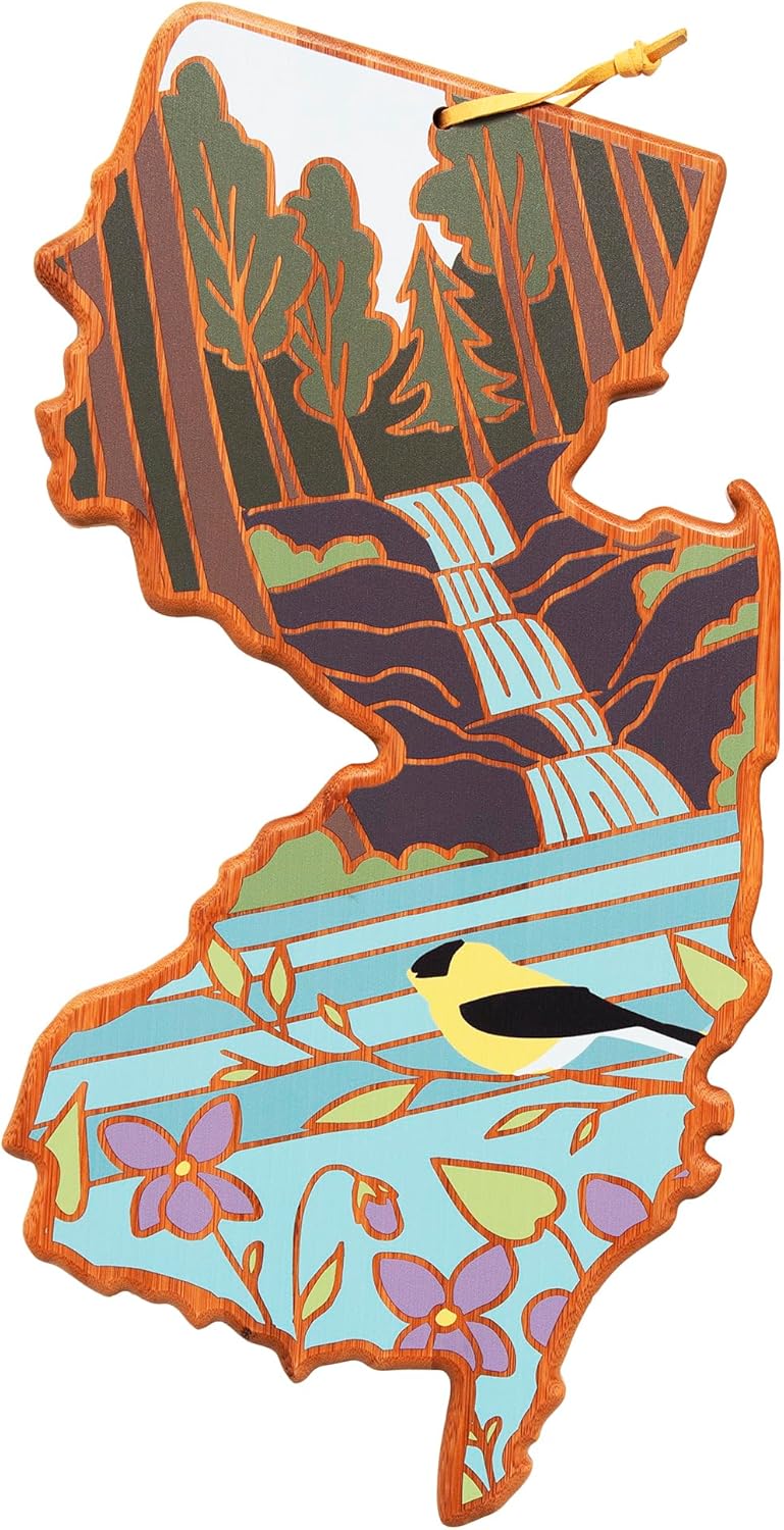Totally Bamboo New Jersey State Shaped Cutting Board and Charcuterie Serving Platter with Artwork by Summer Stokes, Includes Hang Tie for Wall Display