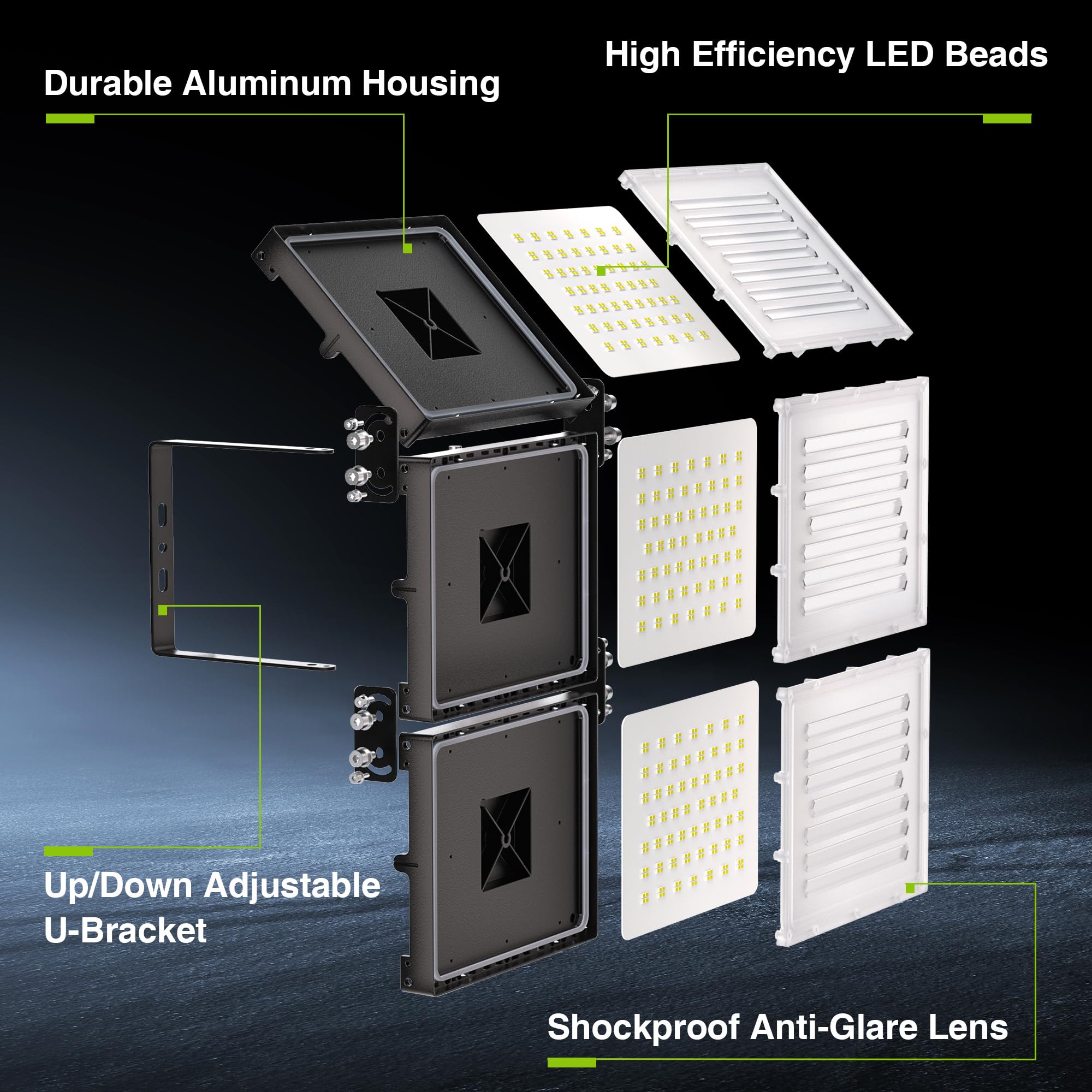 STASUN Luce di inondazione a LED per esterni, 600 W, 60000 lm, illuminazione esterna, 6000 K, luce bianca diurna, IP66, impermeabile, per esterni, luce di sicurezza esterna, con 3 teste regolabili per