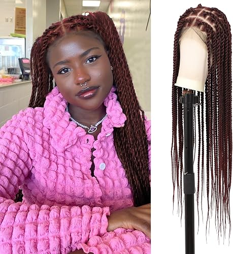Knotless Twist Braided Wigs for Women Full Lace Braided Wig,Burgundy 36'' | Twist Braided Wigs with Baby Hair,Premium Synthetic Long Braid Wigs,Lace Front Braided Wigs,Suitable for everyday wear