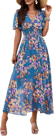 Womens Floral Maxi Dress Empire Waist V Neck Wedding Guest Party Casual Dress