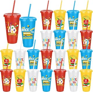 24 Pieces Back to School Plastic Cups 24 oz Tumbler with Straw and Lid Reusable Drinking Cups Water Bottles for First Day of School Party Supplies