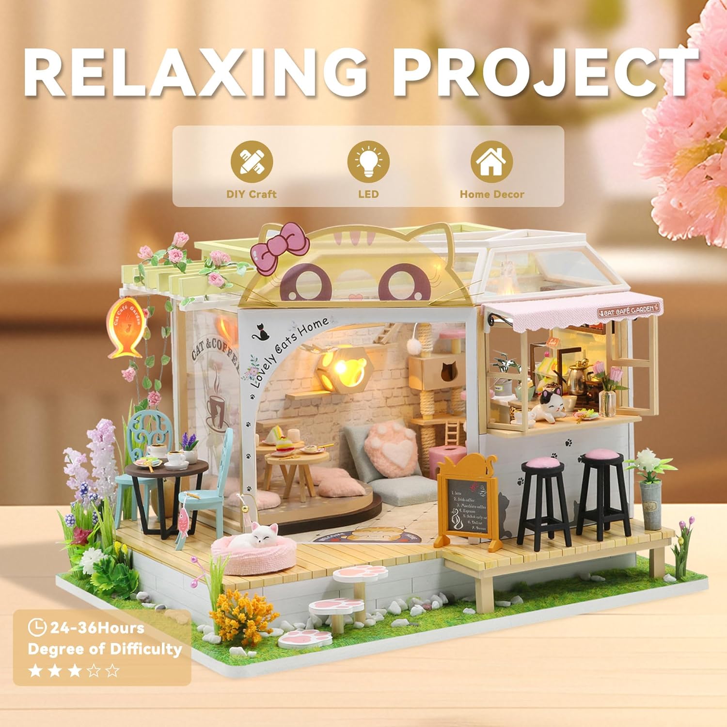 Flever Dollhouse Miniature DIY House Kit Creative Room with Furniture for Romantic Valentine's Gift (Cat Cafe Garden)
