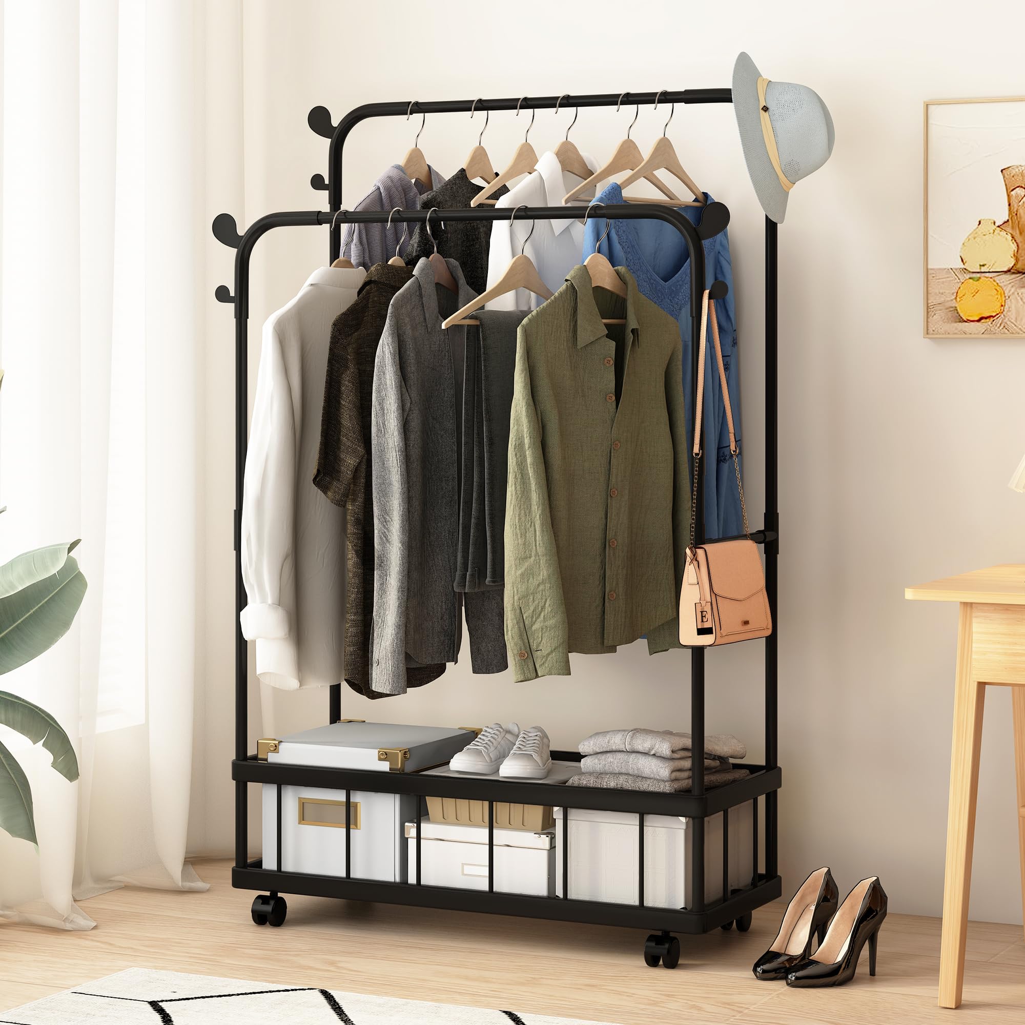 Story@Home Double Rod Metal Garment Rack for Clothes with Wheels, Bottom Storage Shelf & 4 Side Hooks | Multipurpose Freestanding Clothes Stand for Bedroom, Entryway, Living Room - Black-image-49