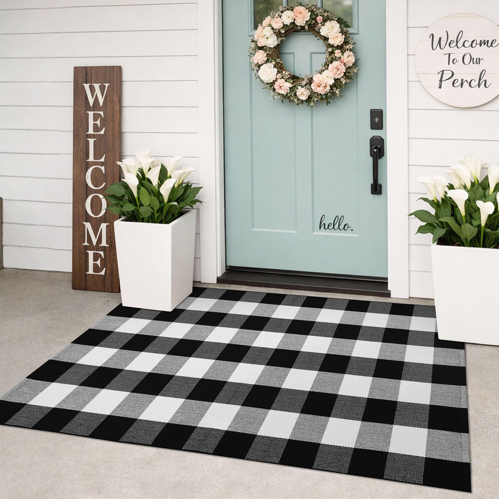 KILOCOCO Buffalo Plaid Checkered Rug - 3'x5' Front Door Mat Outdoor,Black and White Rugs Cotton Washable Front Porch Rug Layered Doormats for Patio