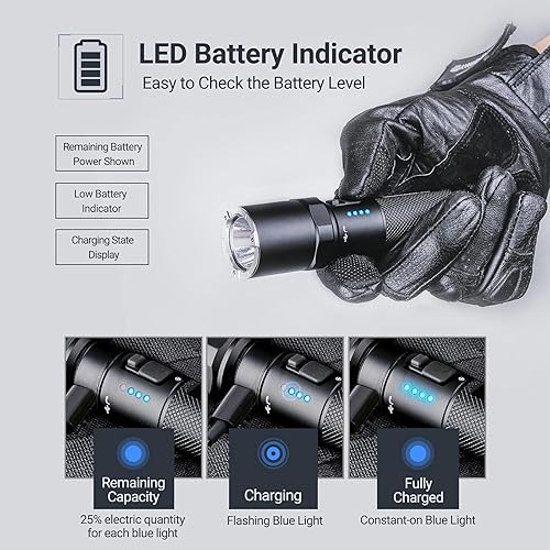 Miniatura 7 de Linterna recargable NEXTORCH P80 de alto lúmenes, linterna táctica LED de 2100 lúmenes con 5 modos y luz estroboscópica y rompecristales de vidrio