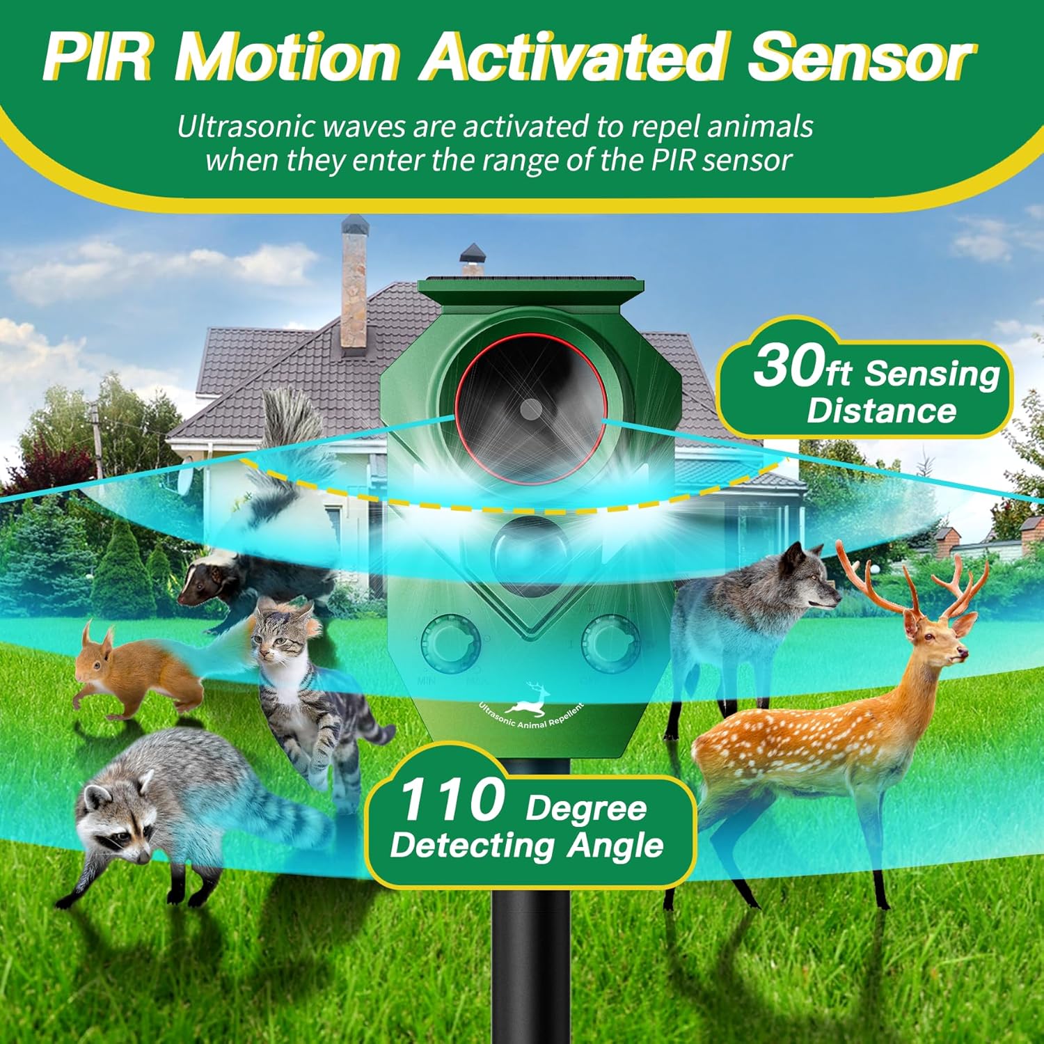 Diagram illustrating the PIR Motion Activated Sensor's 30ft sensing distance and 110 degree detecting angle, with various animals shown within the detection zone.