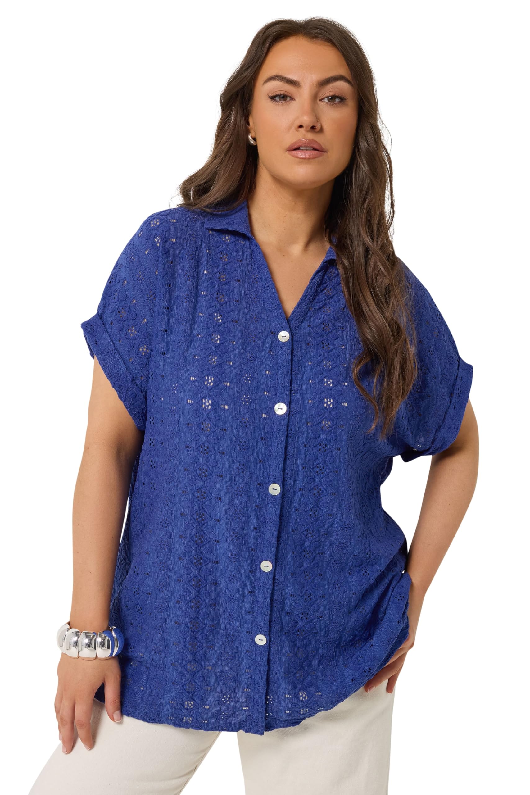 Yours Women's Cobalt Broderie Anglaise Grown-On Sleeve Shirt In | Size: 20