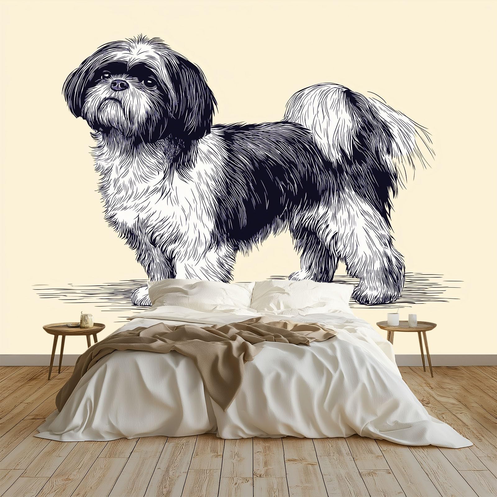 Fototapeta z włókniny, 200 x 140 cm, minimalizm, linie, zwierzęta, Shih Tzu, tapeta na fizelinie, tapeta ścienna, efekt 3D, nowoczesna tapeta do salonu, pokoju dziecięcego, tło TV, tapeta z motywem